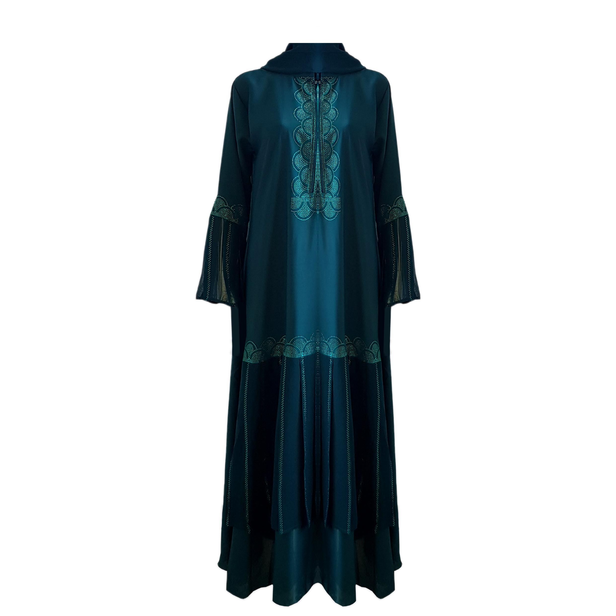 Embellished Neckline Zip-Up Abaya with Puff Sleeves