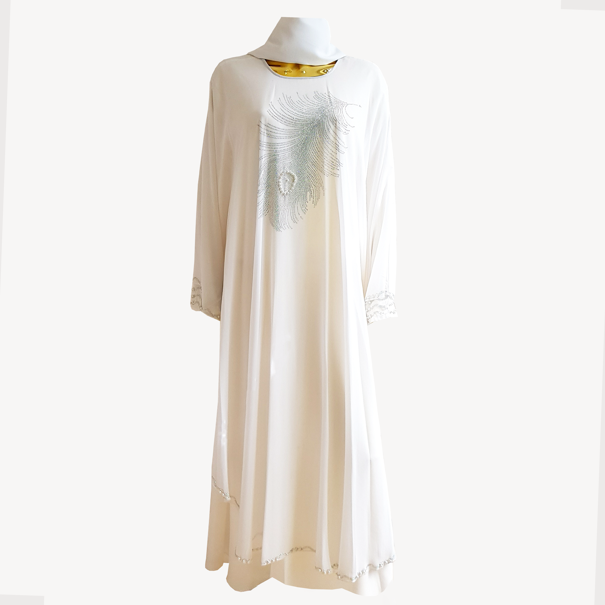 Layered Abaya with Feathered Rhinestone Accents and Hand Embellishments