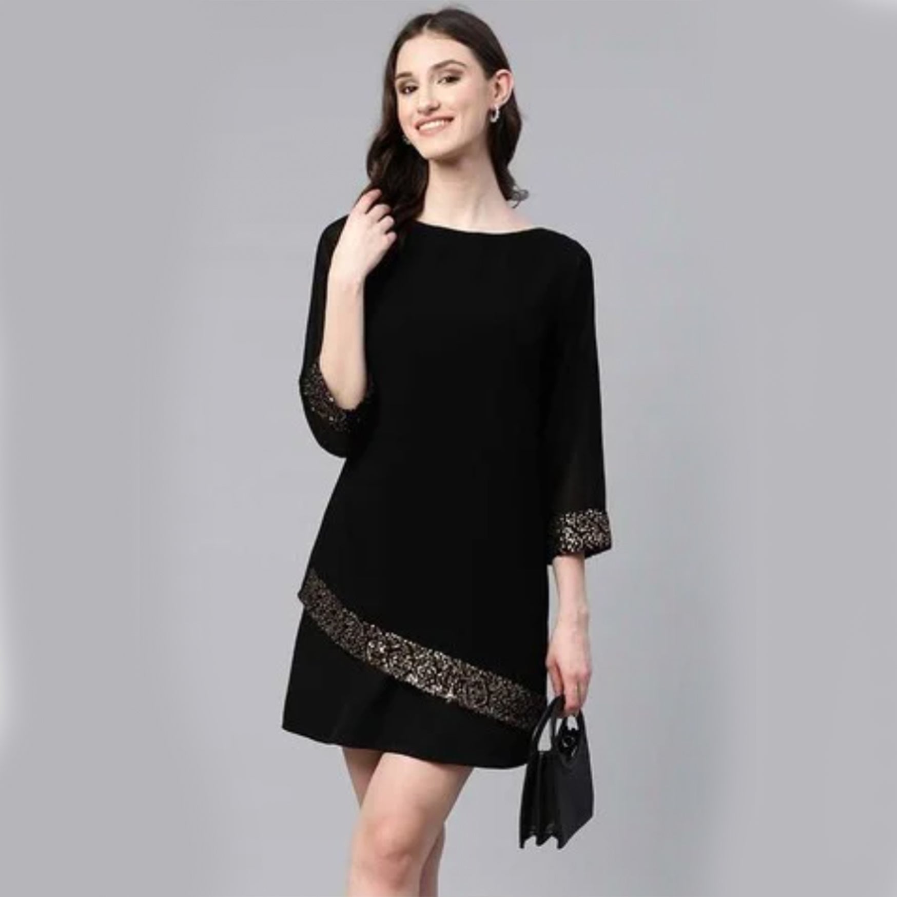 Cottinfab Black Embellished Shift Georgette Dress