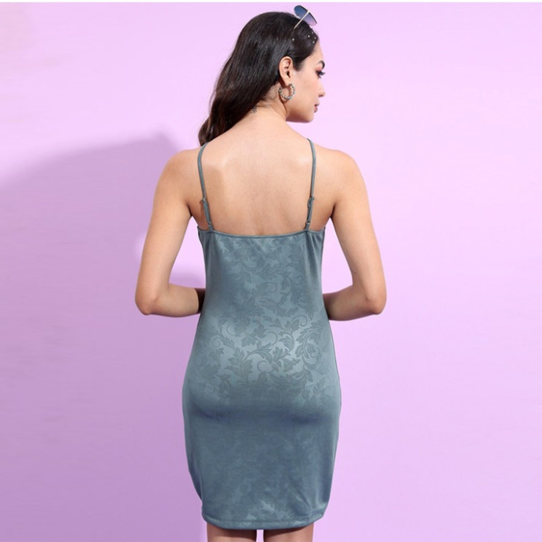 Green Floral Embossed Printed Bodycon Dress