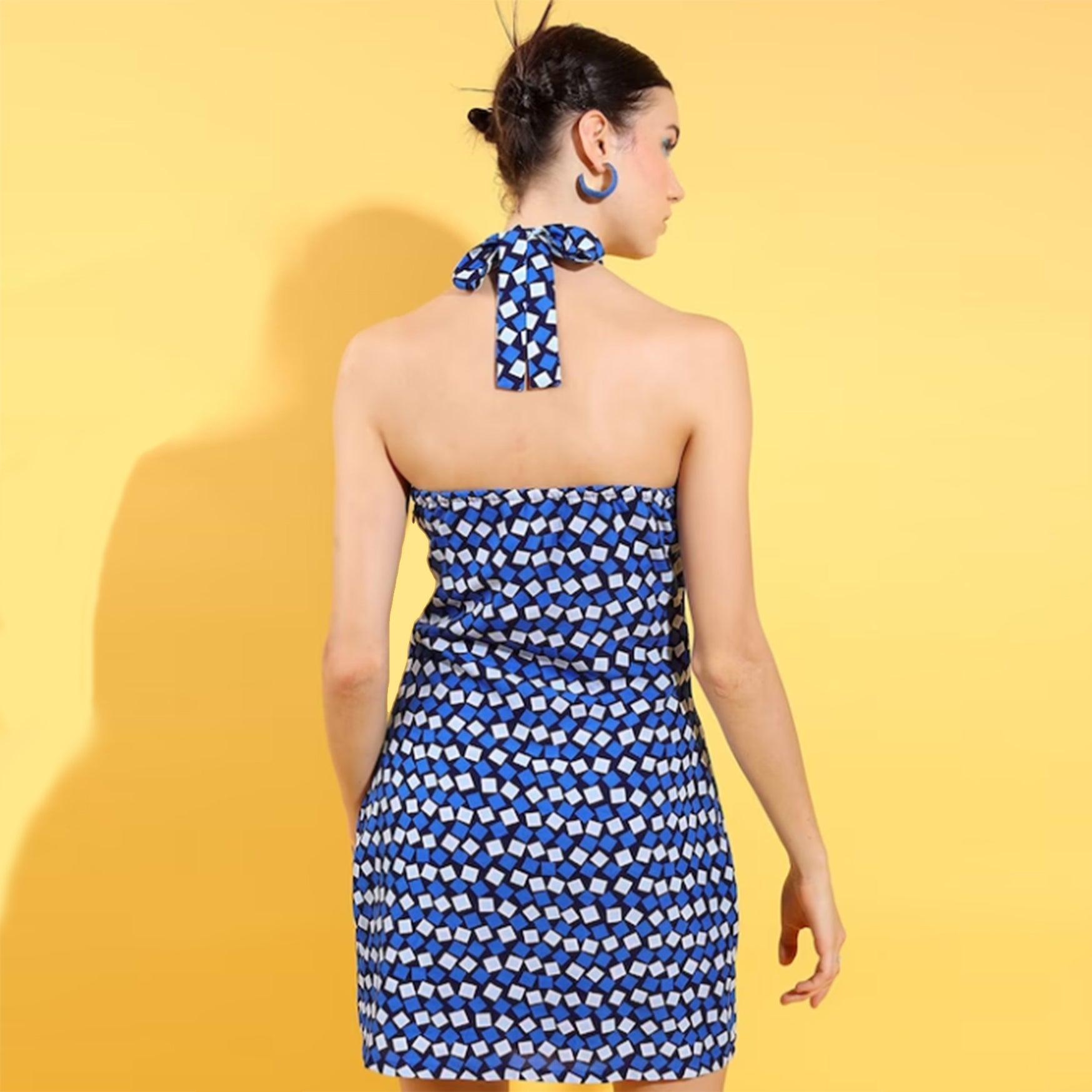 Halter Neck Geometric Printed Mini Sheath Dress