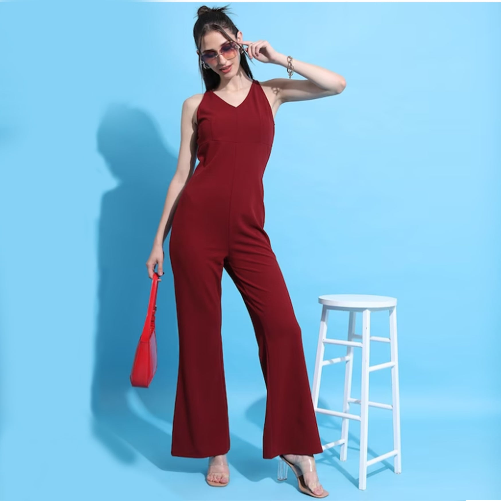 Halterneck Maroon Basic Jumpsuit