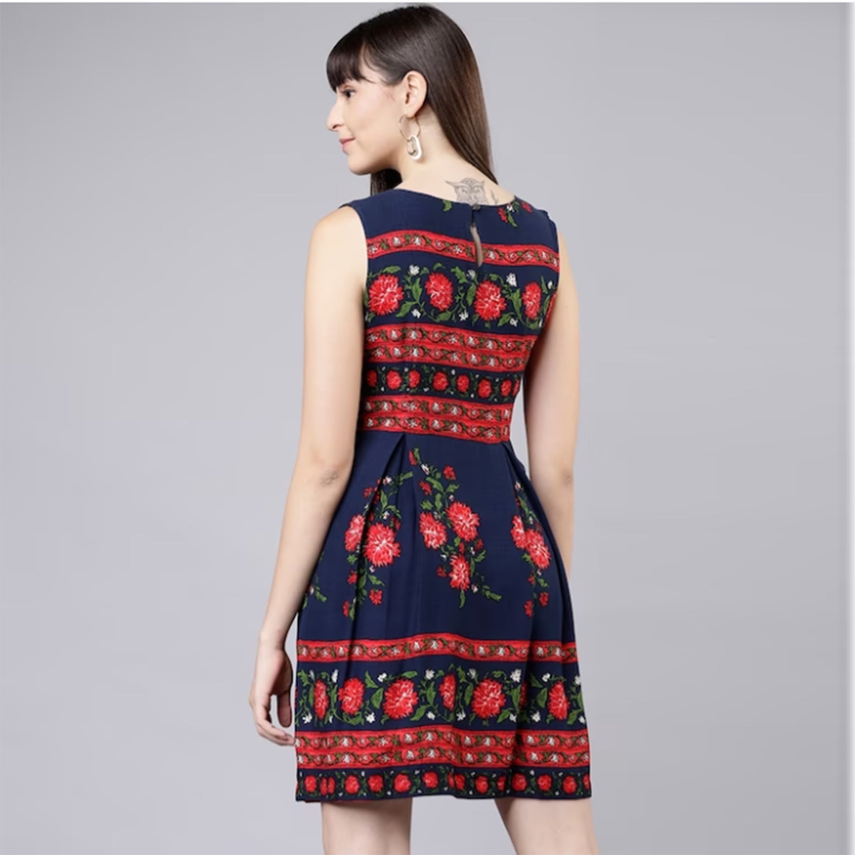 Navy Blue Floral Printed Fit and Flare Dress
