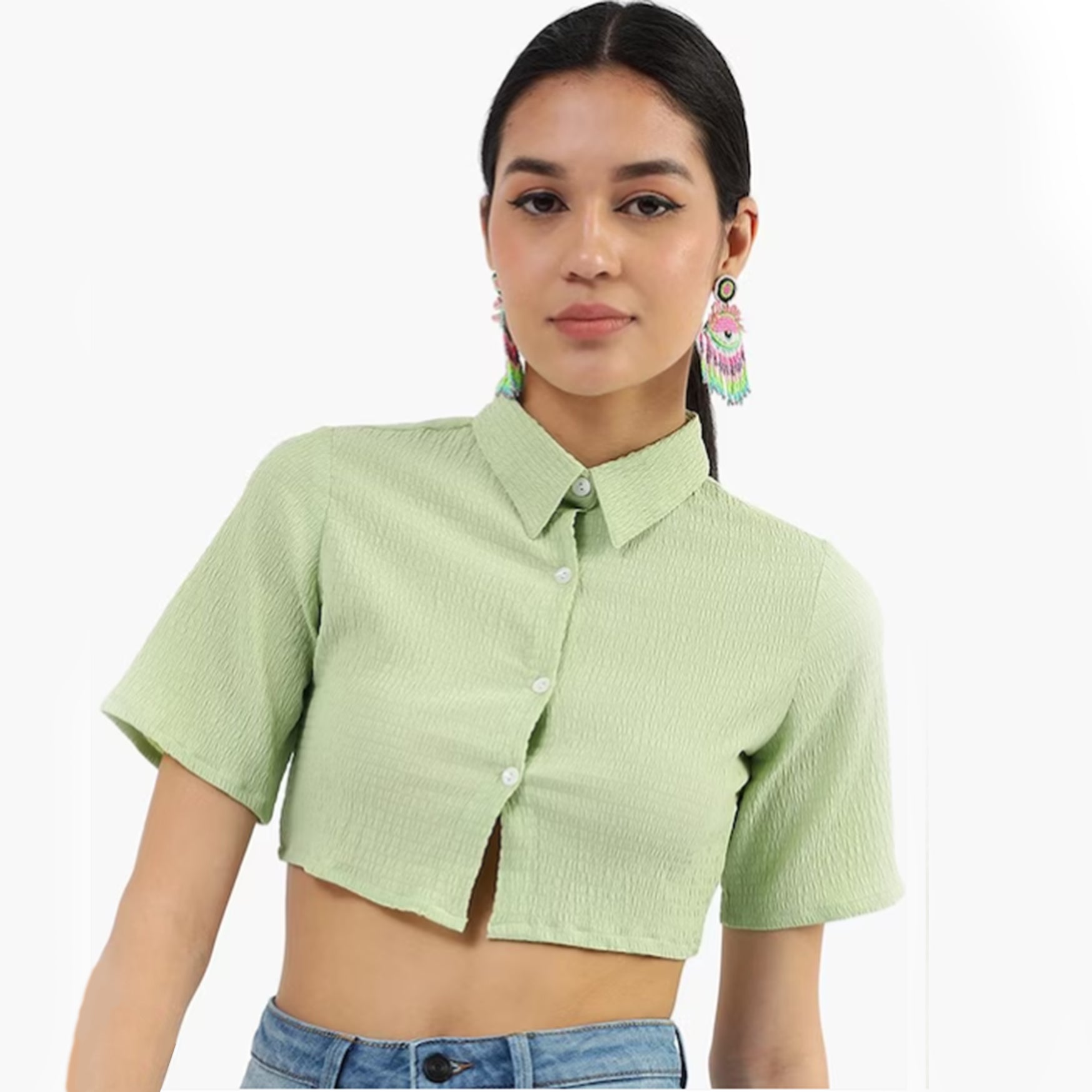 Regular Fit Self Design Spread Collar Crop Casual Shirt