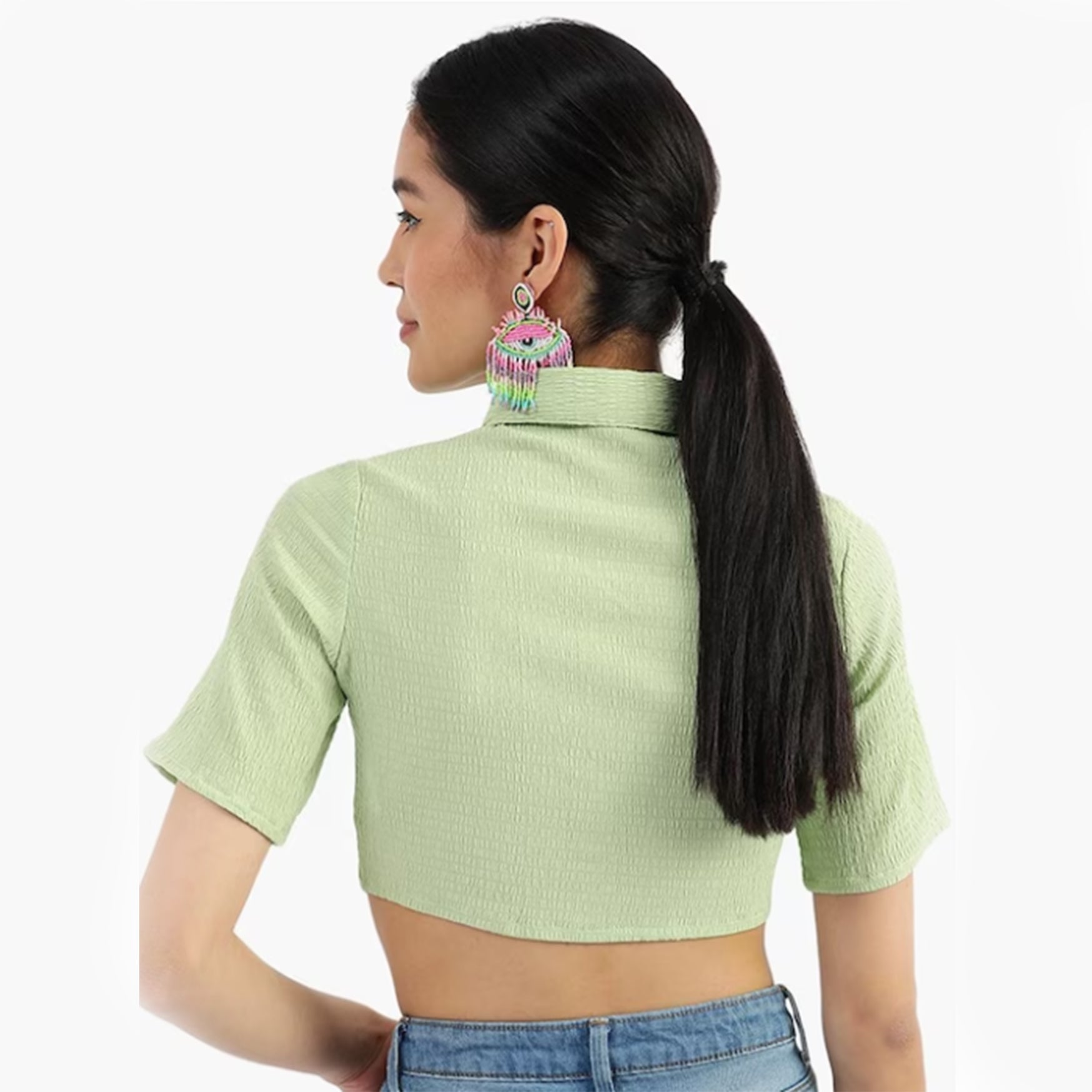 Regular Fit Self Design Spread Collar Crop Casual Shirt