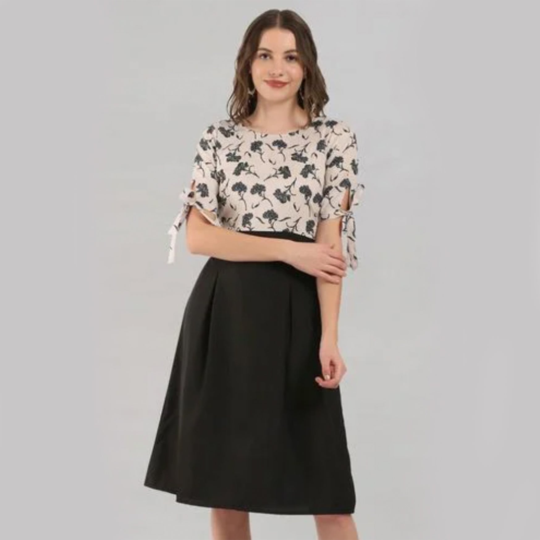 SELVIA Beige & Black Floral Print A-Line Dress