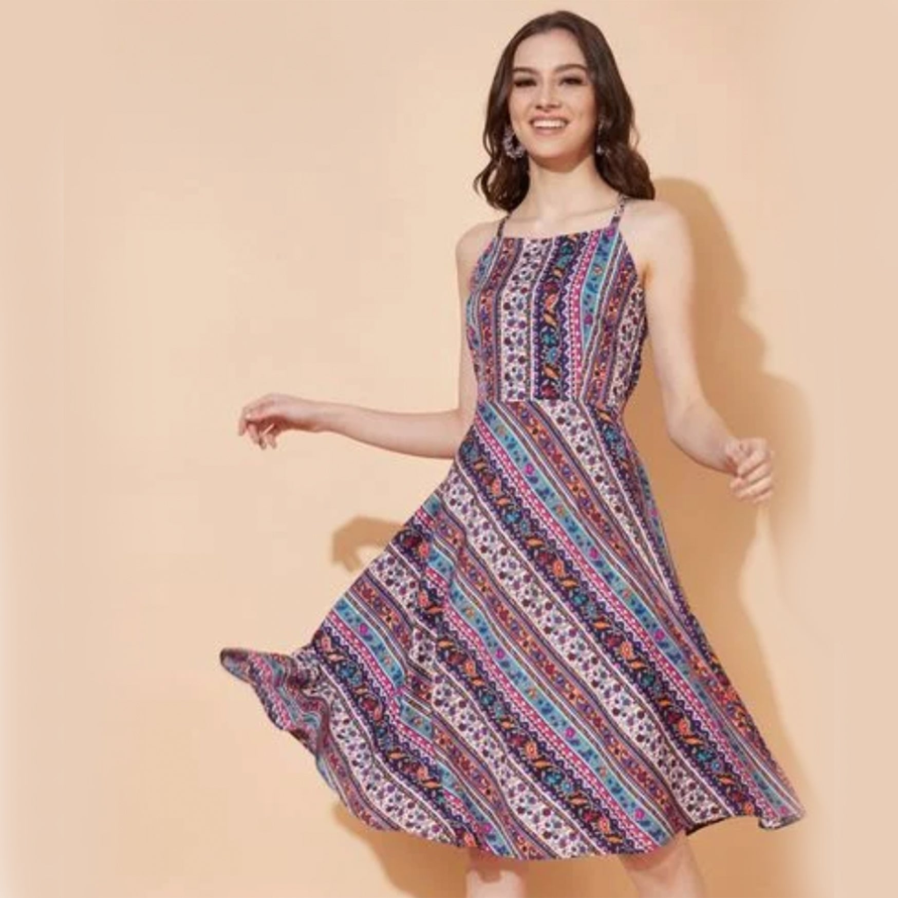 SELVIA Multicolored Printed A-Line Dress