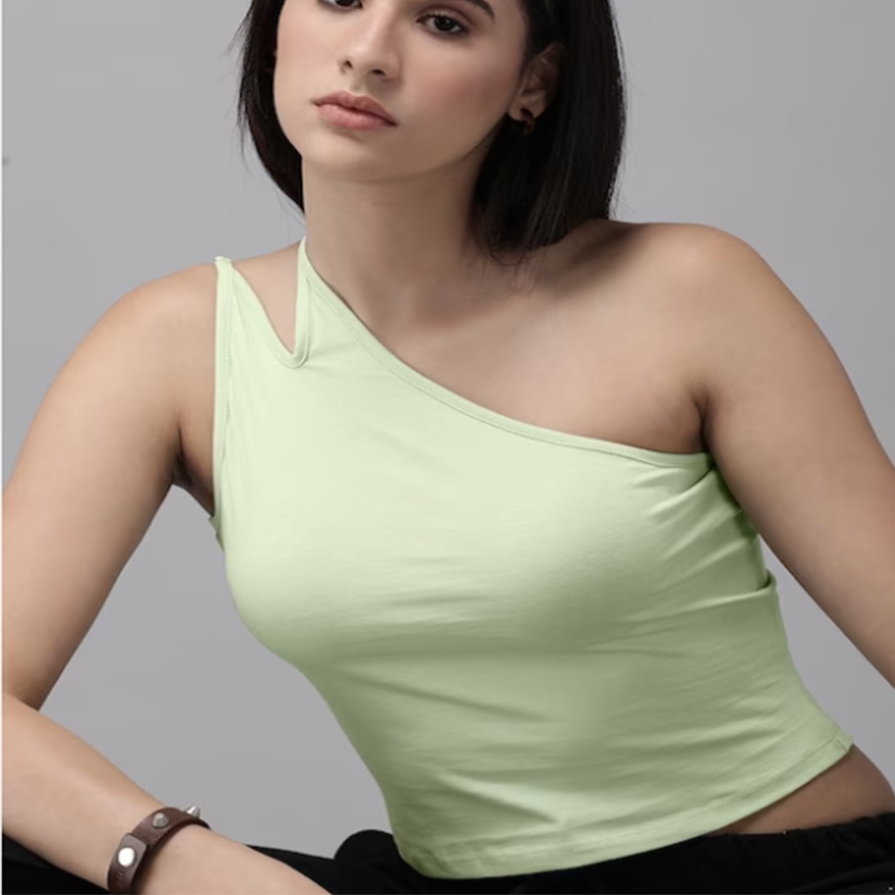 The Lifestyle Co. One Shoulder Fitted Crop Top Lemon