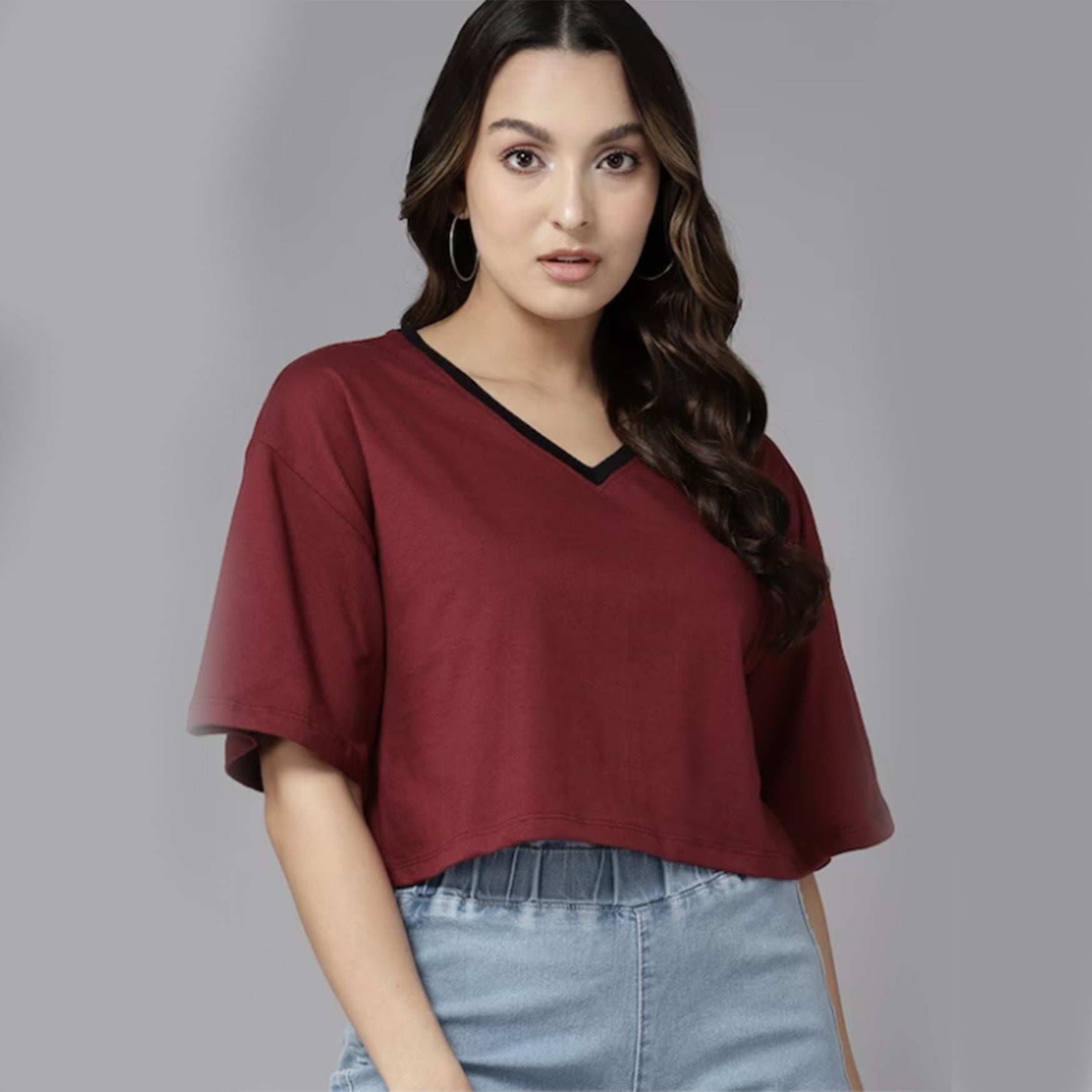 The Lifestyle Co. Women Maroon V-Neck Drop-Shoulder Sleeves T-shirt