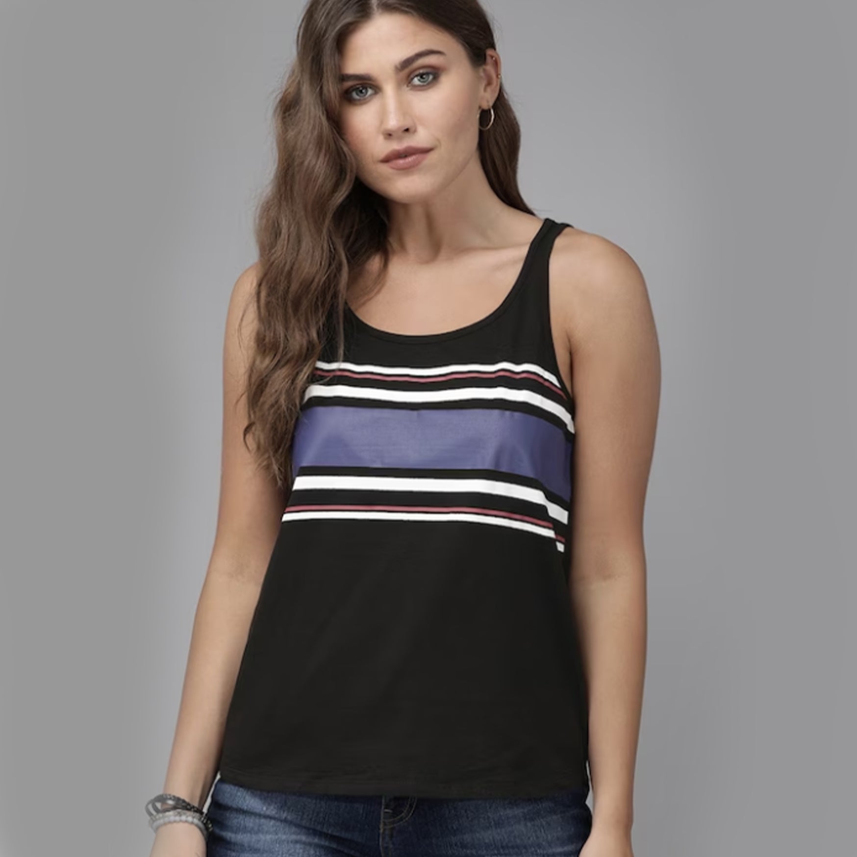 The Lifestyle Co Black Blue Striped Pure Cotton Regular Top