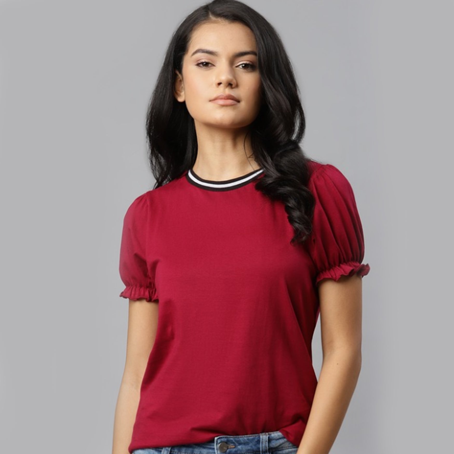The Lifestyle Co Women Burgundy Pure Cotton Solid Puff Sleeve Regular Top