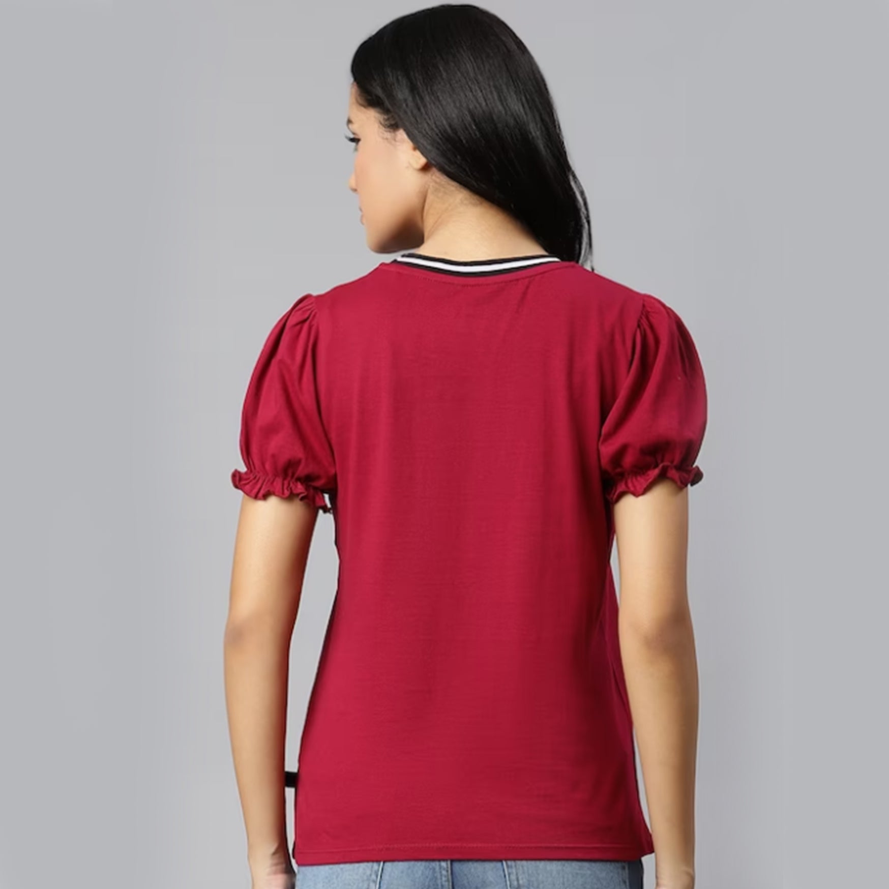 The Lifestyle Co Women Burgundy Pure Cotton Solid Puff Sleeve Regular Top