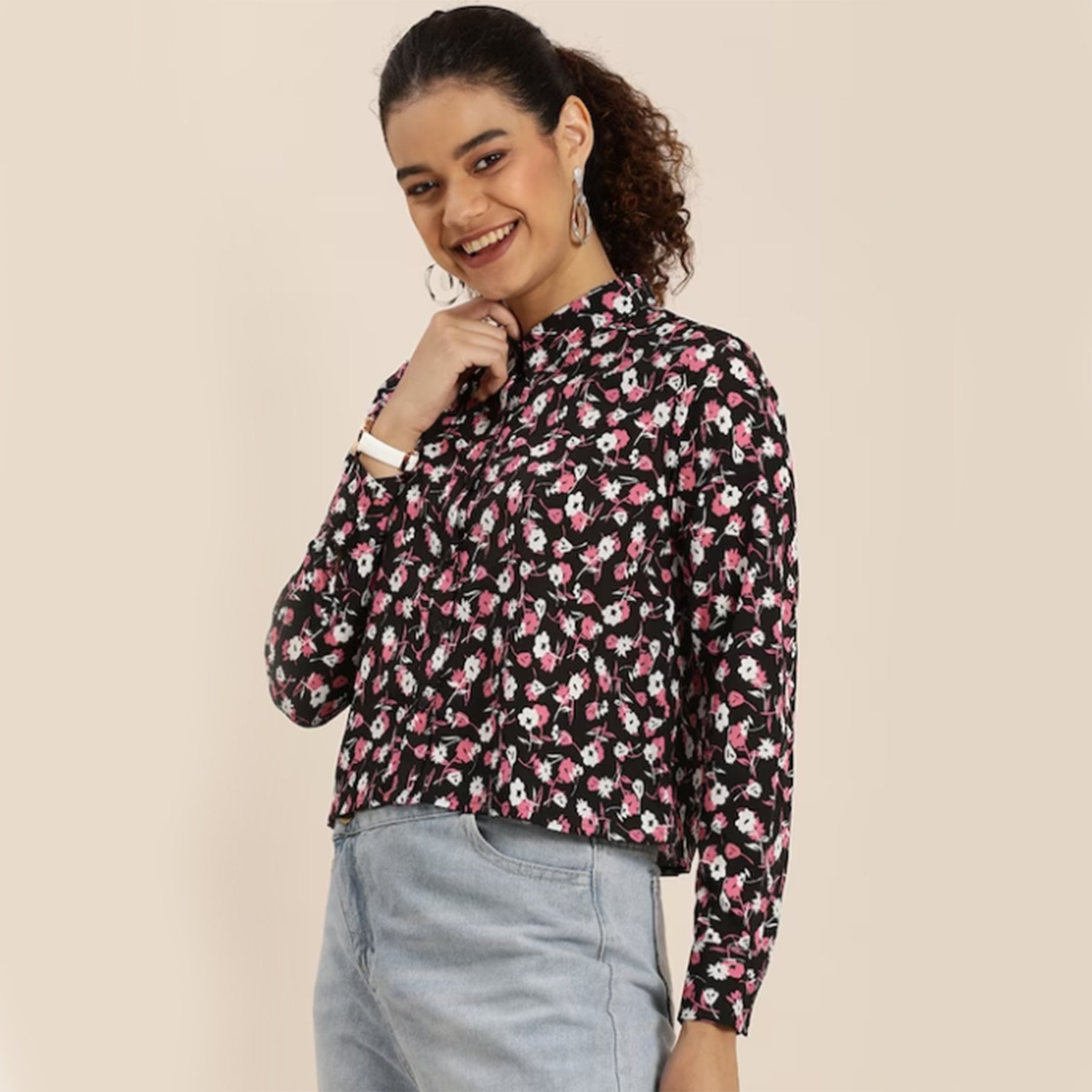 Women Black Regular Fit Floral Opaque Printed Casual Crop Shirt