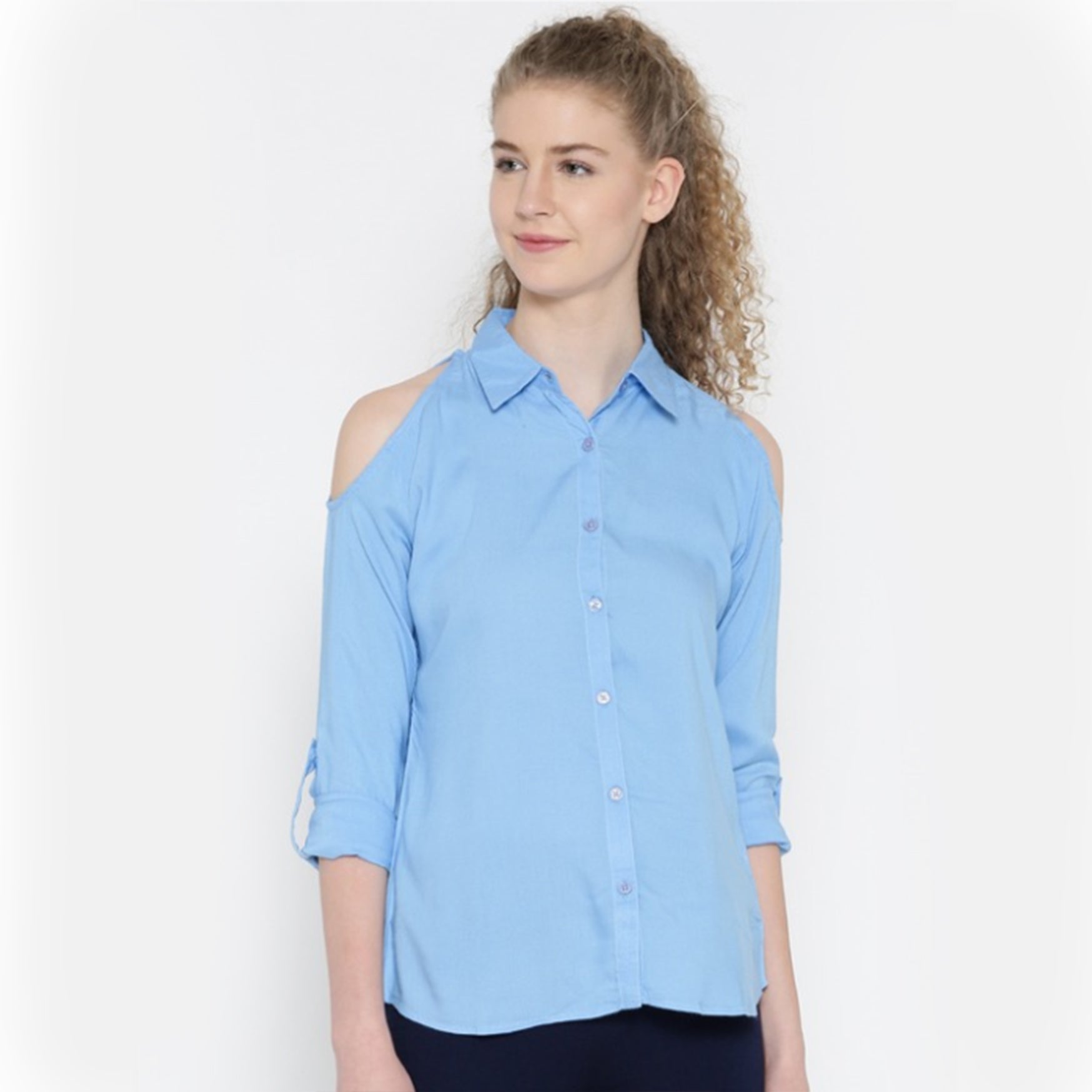 Women Blue Cold Shoulder Casual Shirt