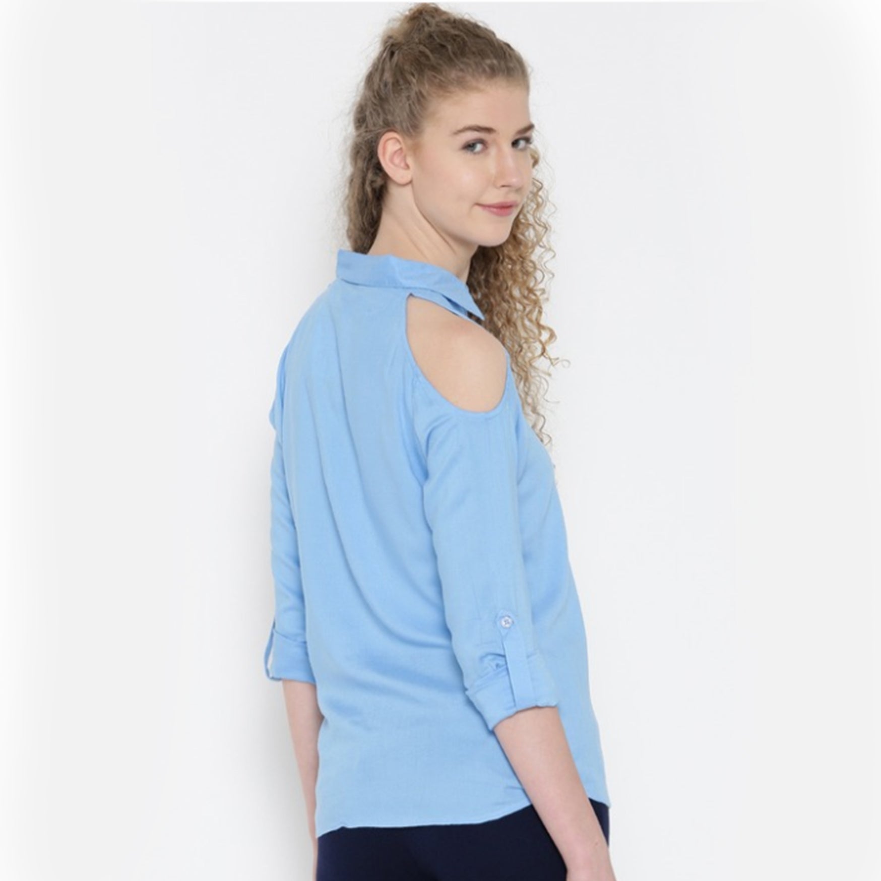 Women Blue Cold Shoulder Casual Shirt