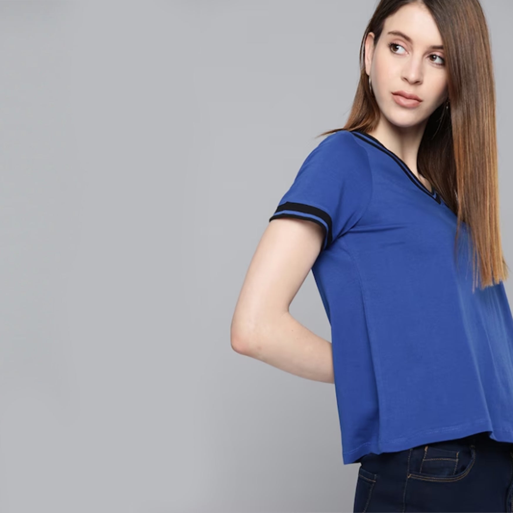 Women Blue Solid Pure Cotton V-Neck T-shirt