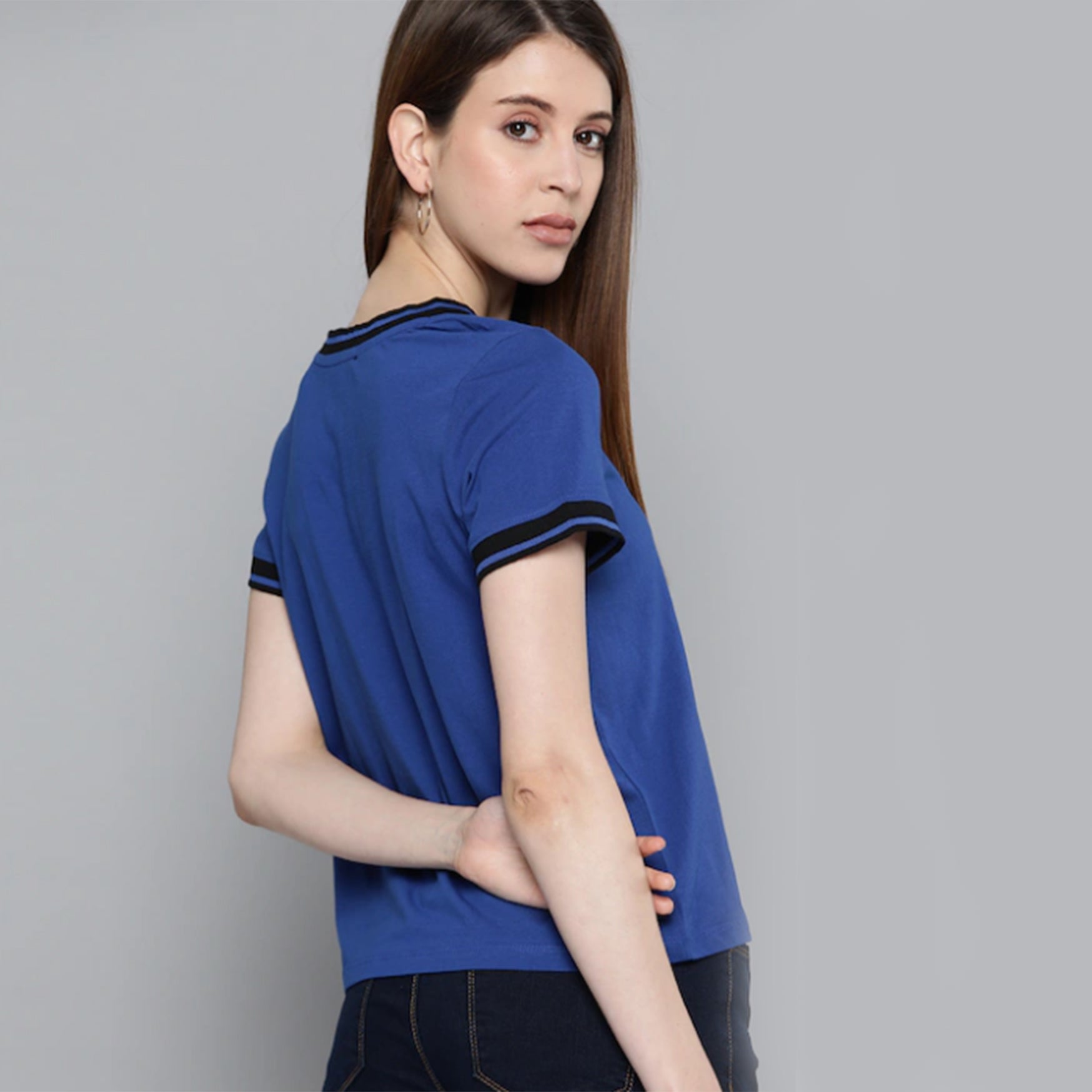 Women Blue Solid Pure Cotton V-Neck T-shirt