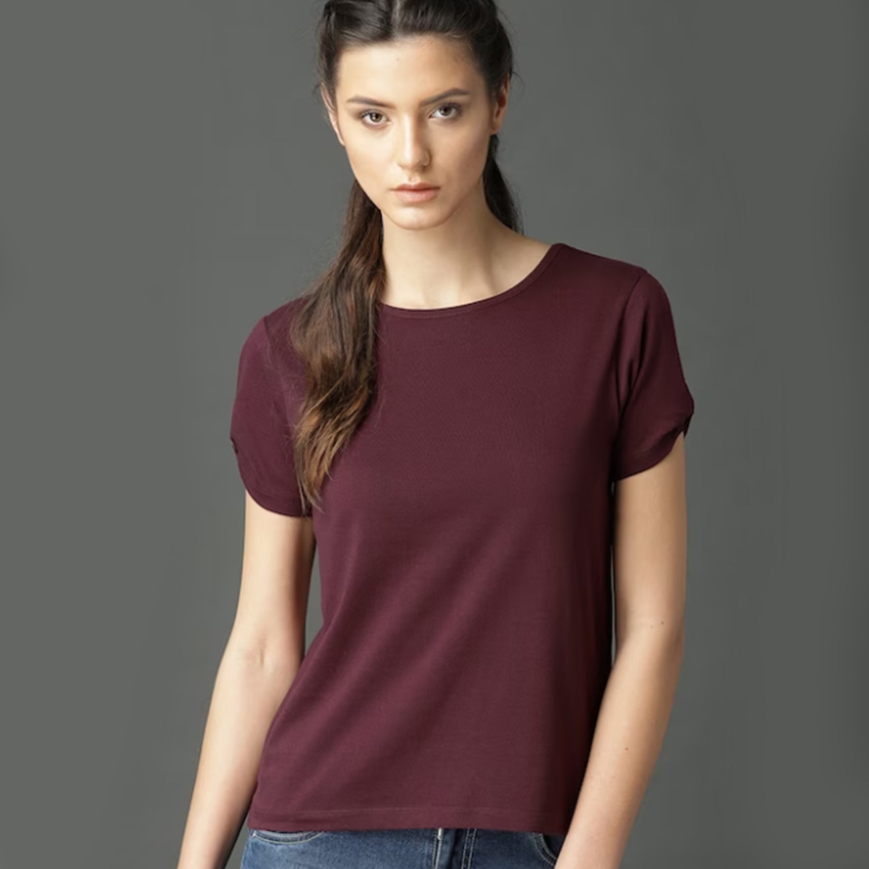 Women Burgundy Solid High-Low Pure Cotton Top