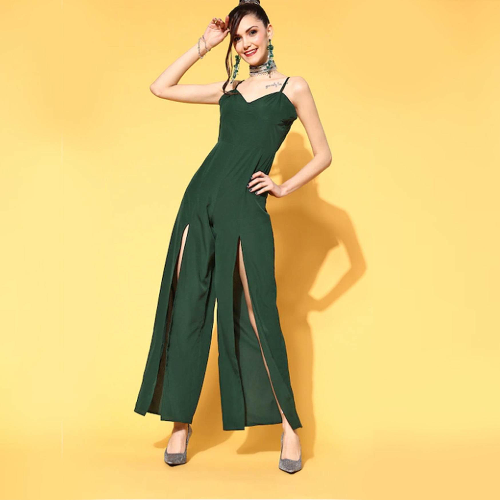 Women Green Solid Noughties Spaghetti Jumpsuit