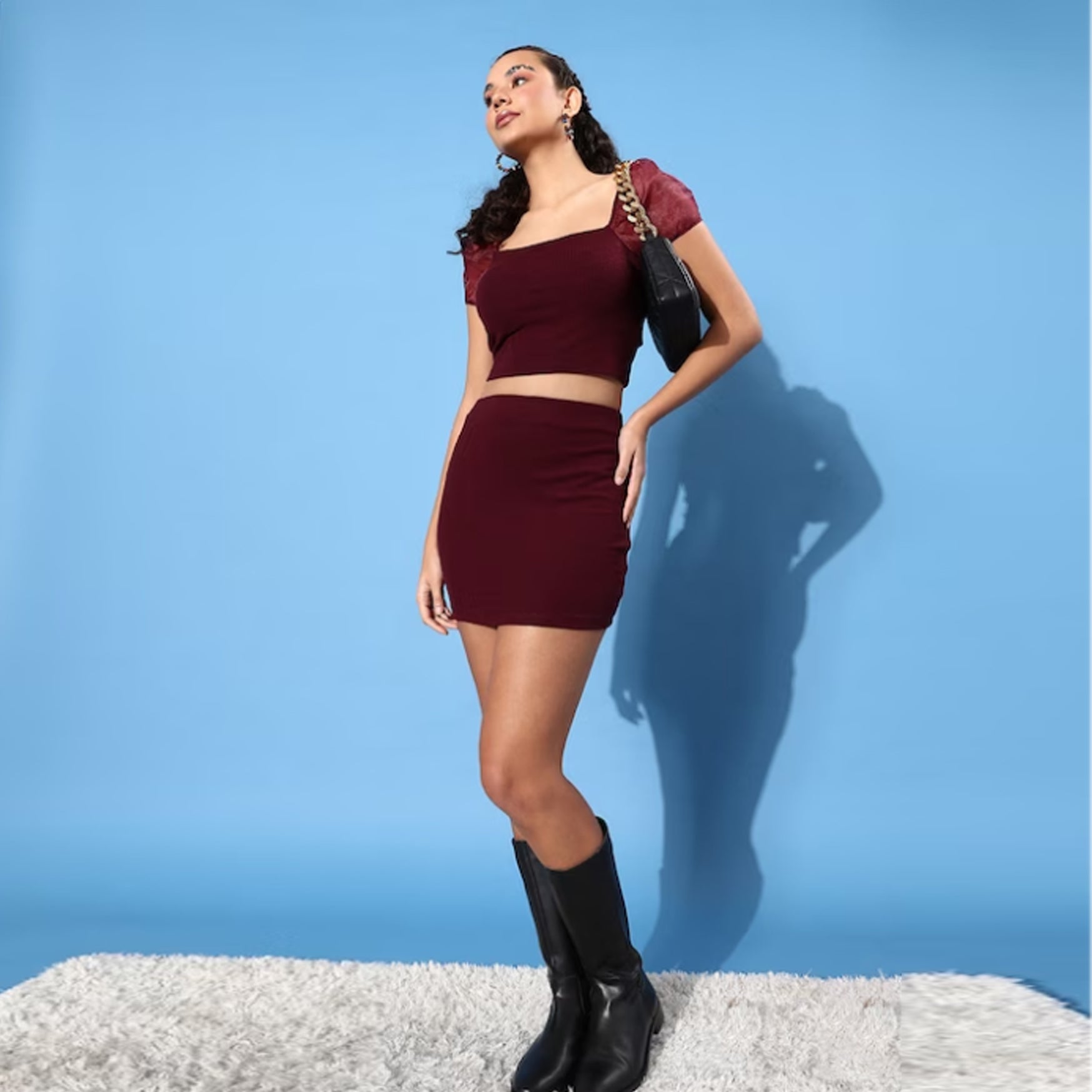 Women Maroon Solid Top with Skirt