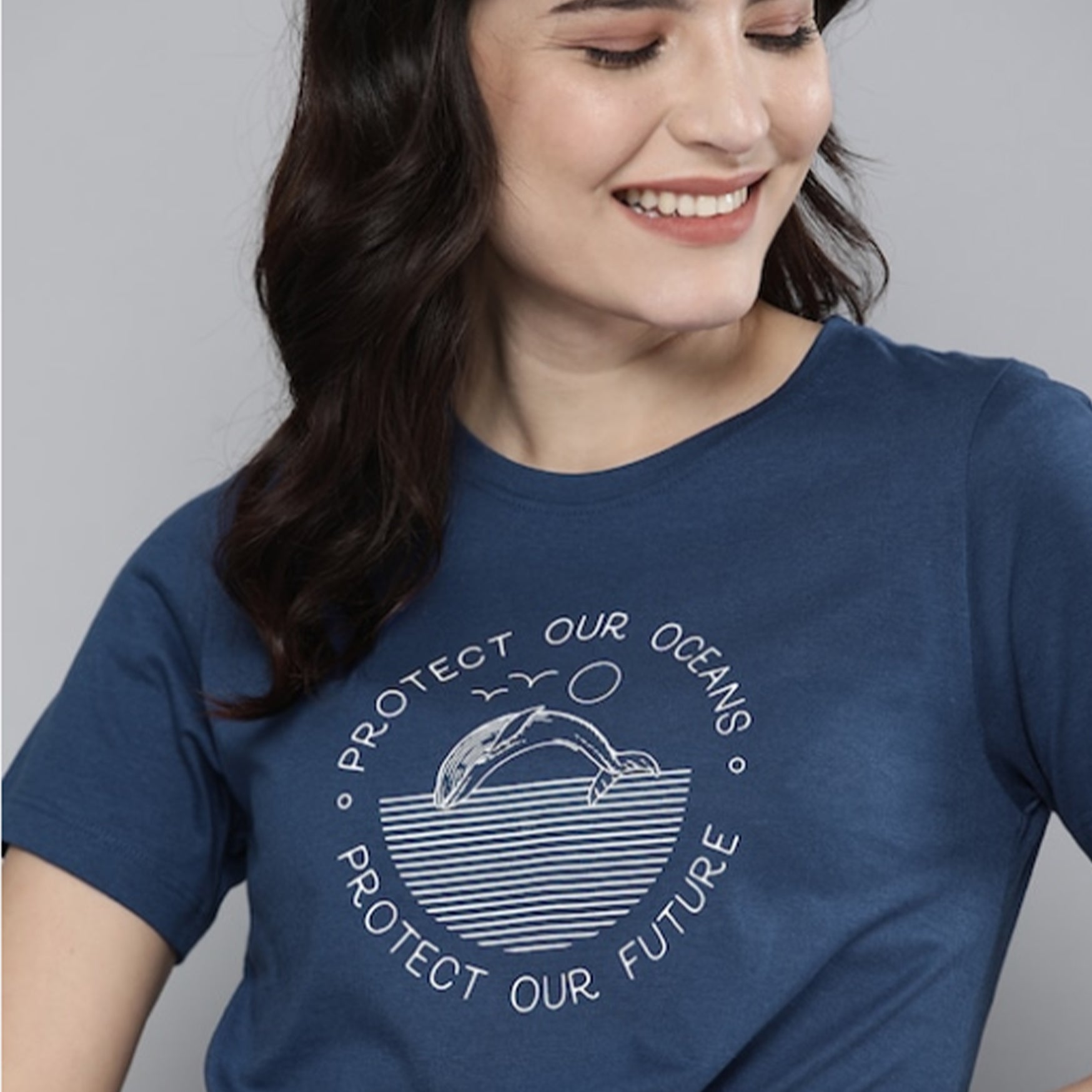 Women Navy Blue Typography Printed Round Neck T-shirt