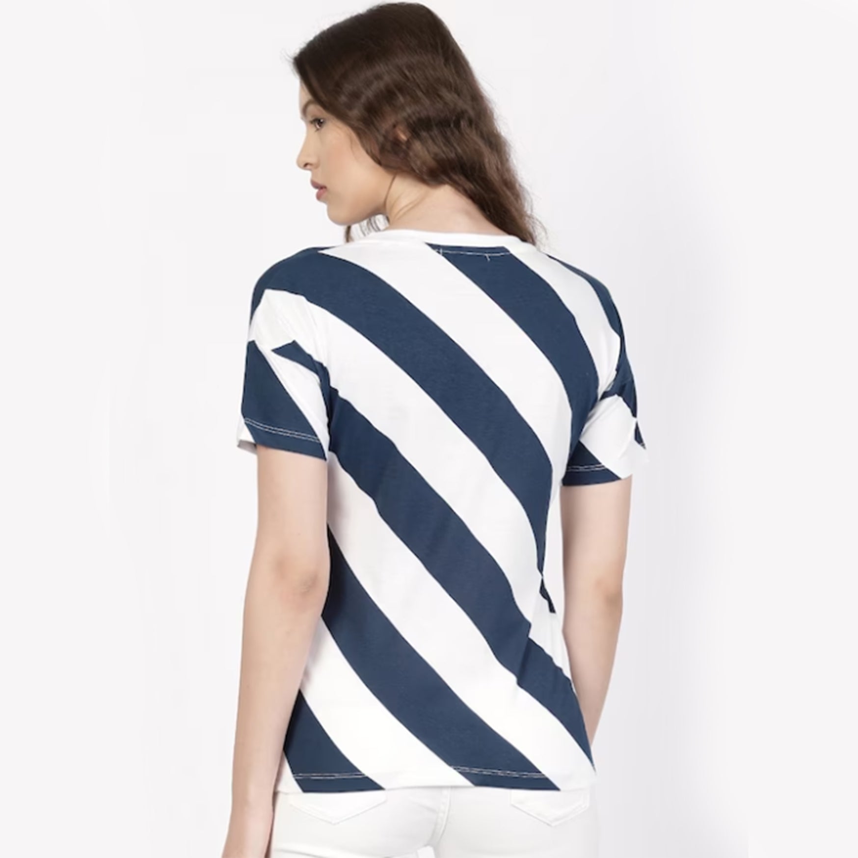 Women Navy White Diagonal Striped Round Neck Drop Shoulder Pure Cotton T-shirt