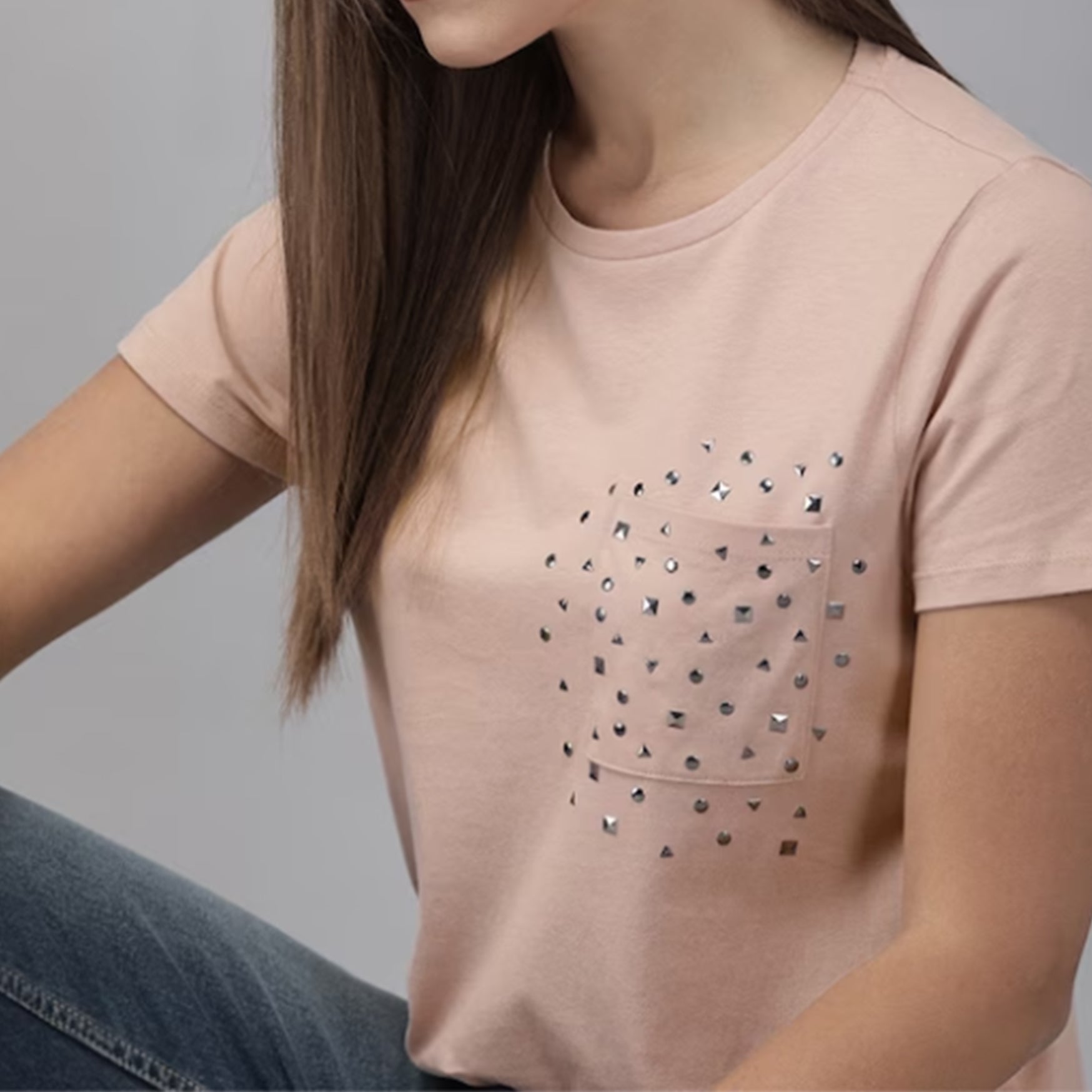Women Pink Solid Round Neck Pure Cotton T-shirt with Embellished Detail