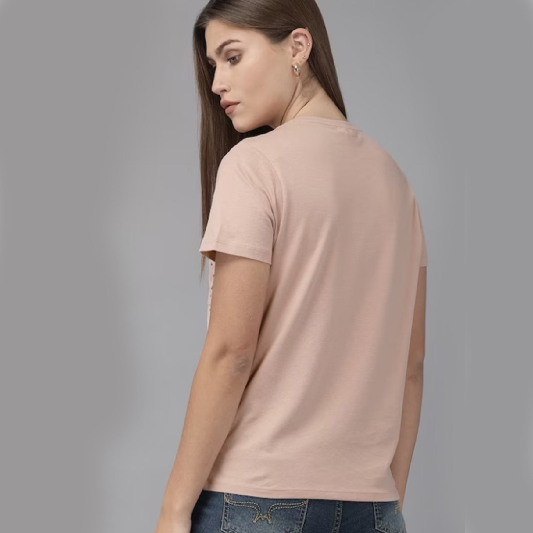 Women Pink Solid Round Neck Pure Cotton T-shirt with Embellished Detail