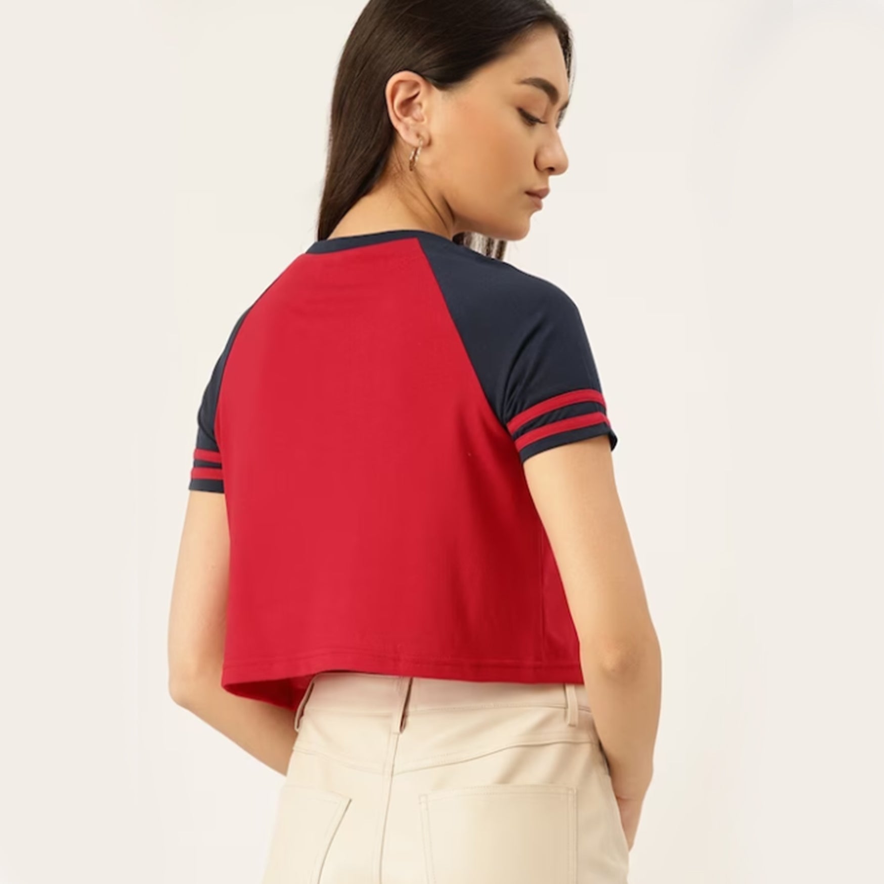 Women Red & Navy Blue Solid Raglan Sleeves Crop T-shirt