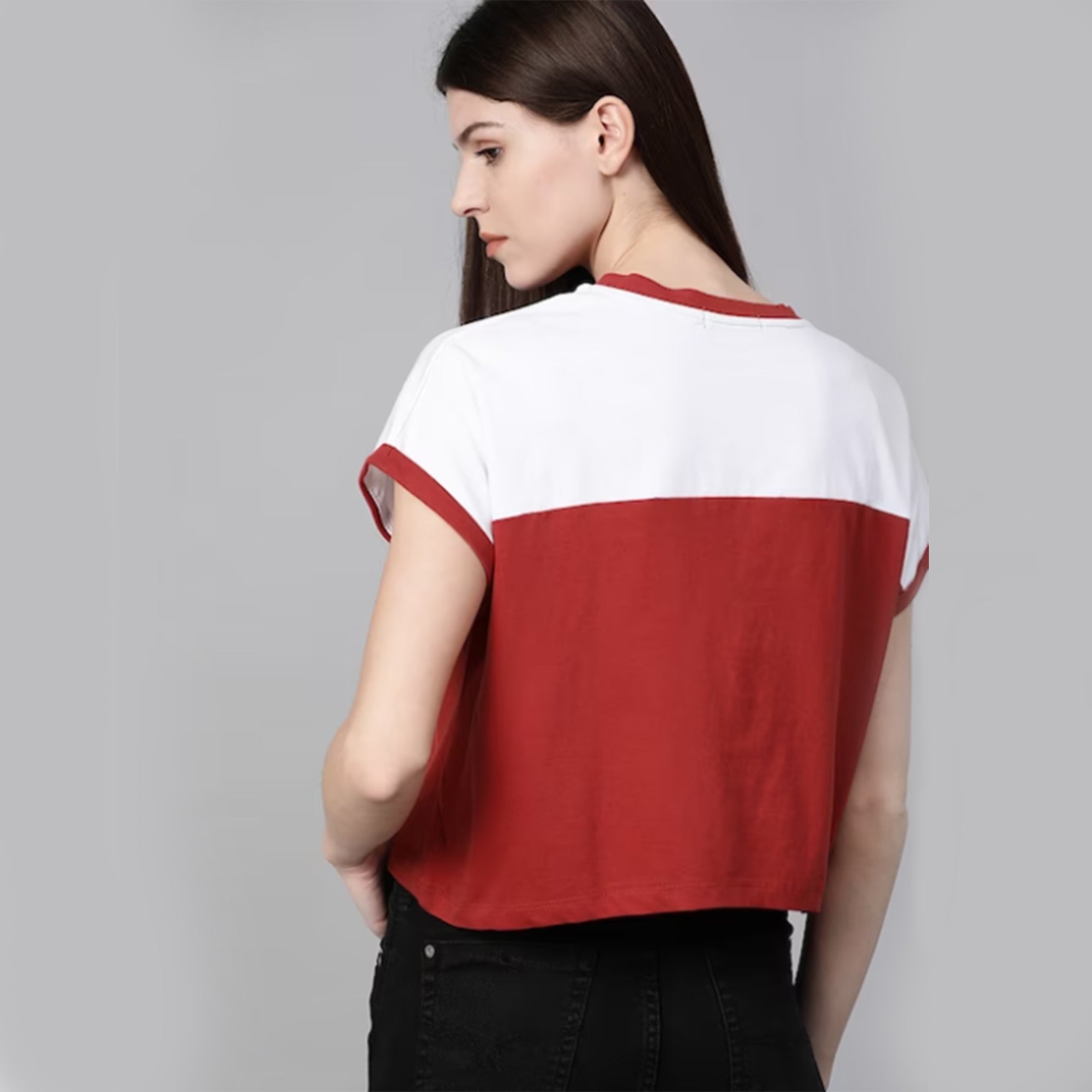 Women Rust Red White Colourblocked Round Neck Crop Pure Cotton T-shirt