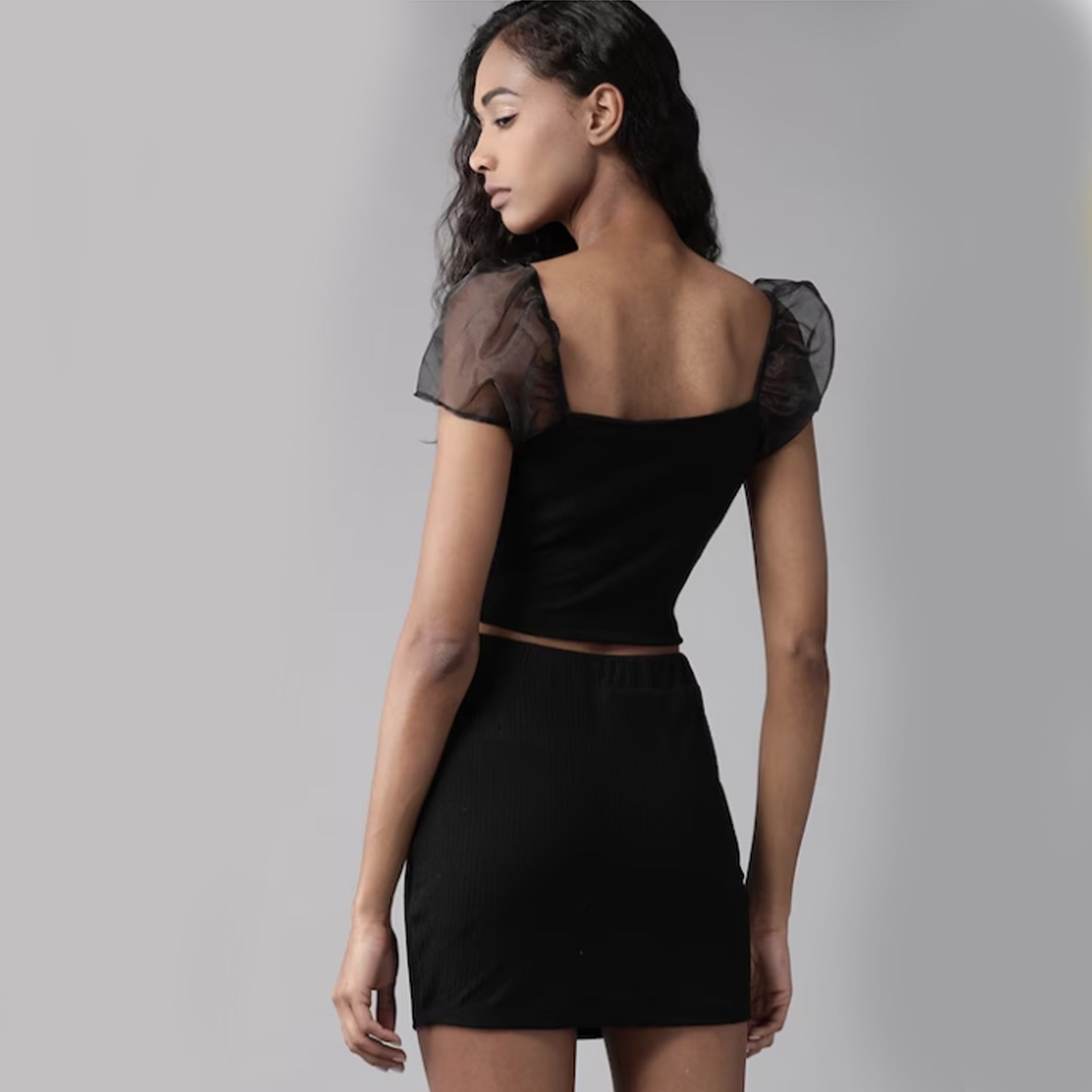 Women Stylish Black Solid Top with Skirt