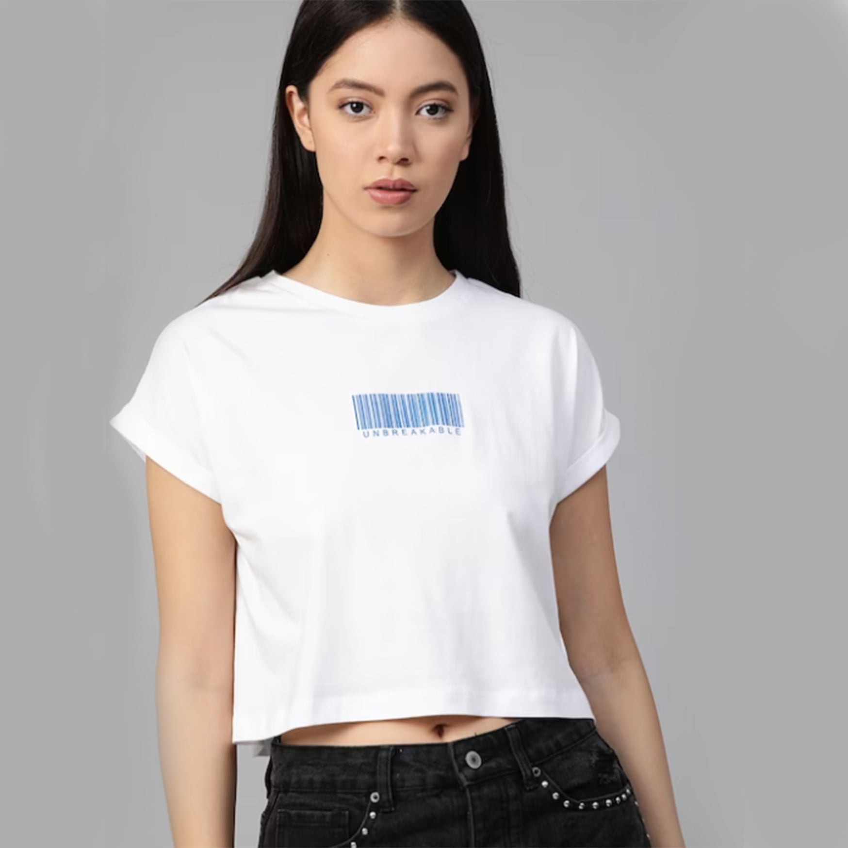 Women White Solid Round Neck Boxy Cropped Top