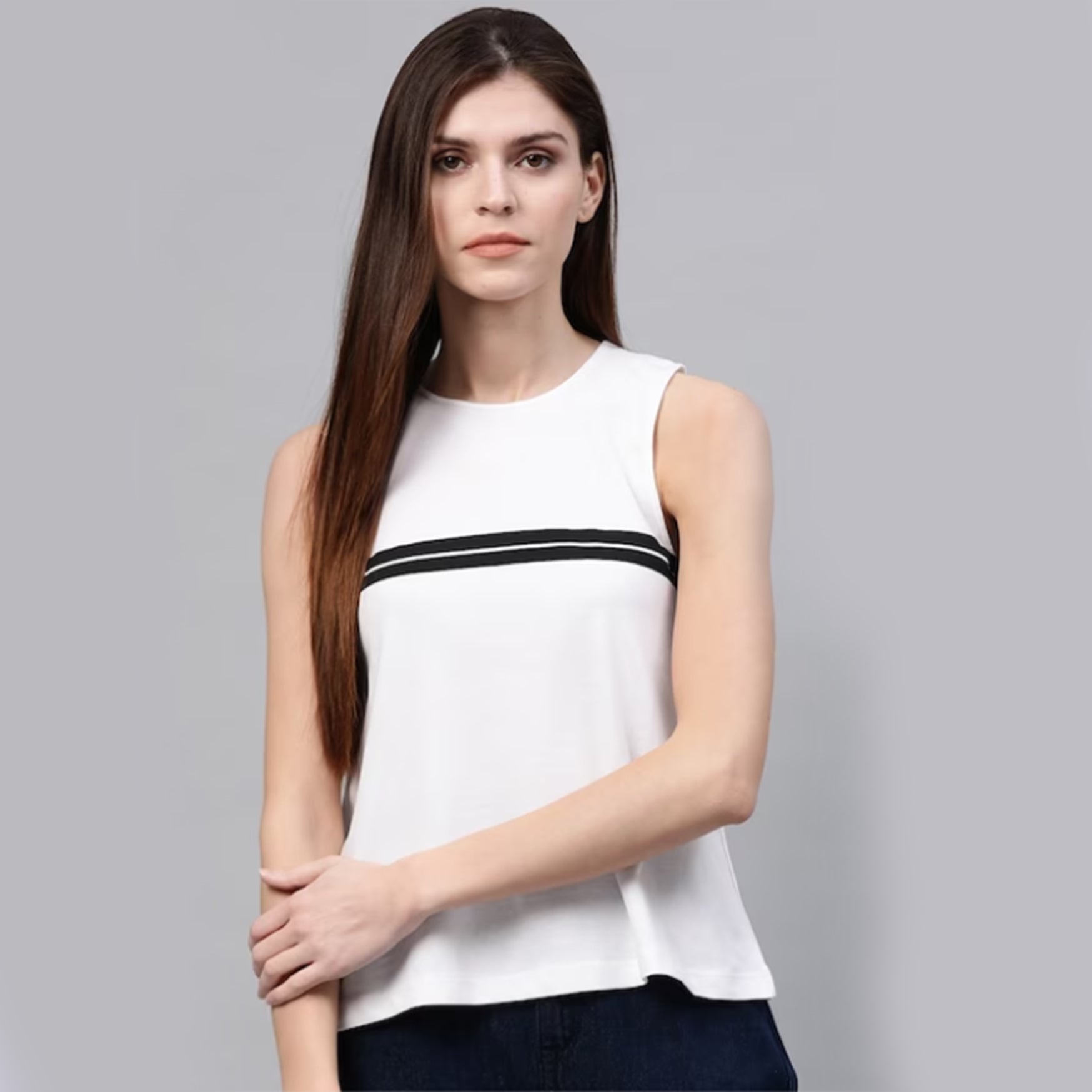 Women White & Black Solid A-Line Pure Cotton Top