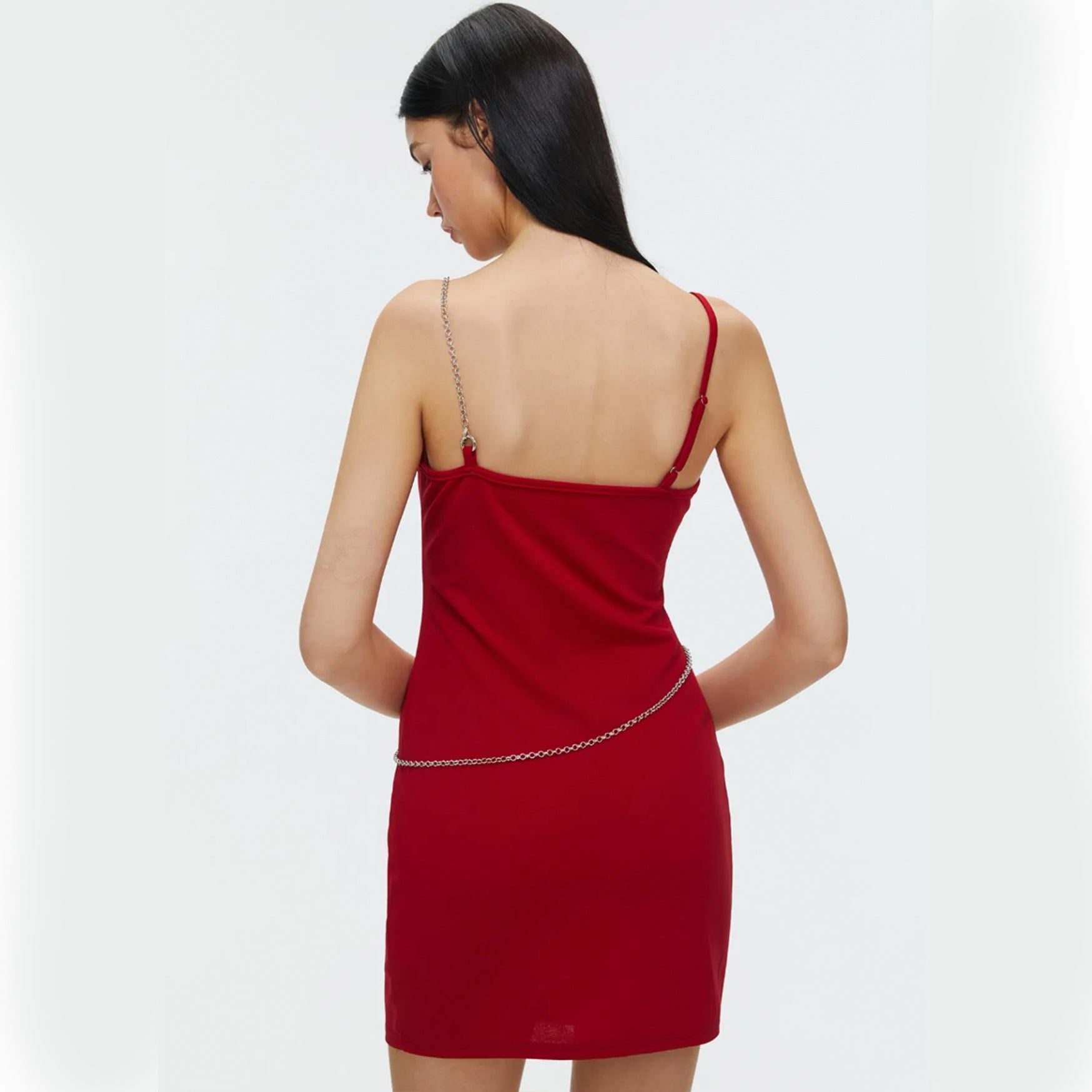Asymmetric Short Dress With Chain Detail - Burgundy S