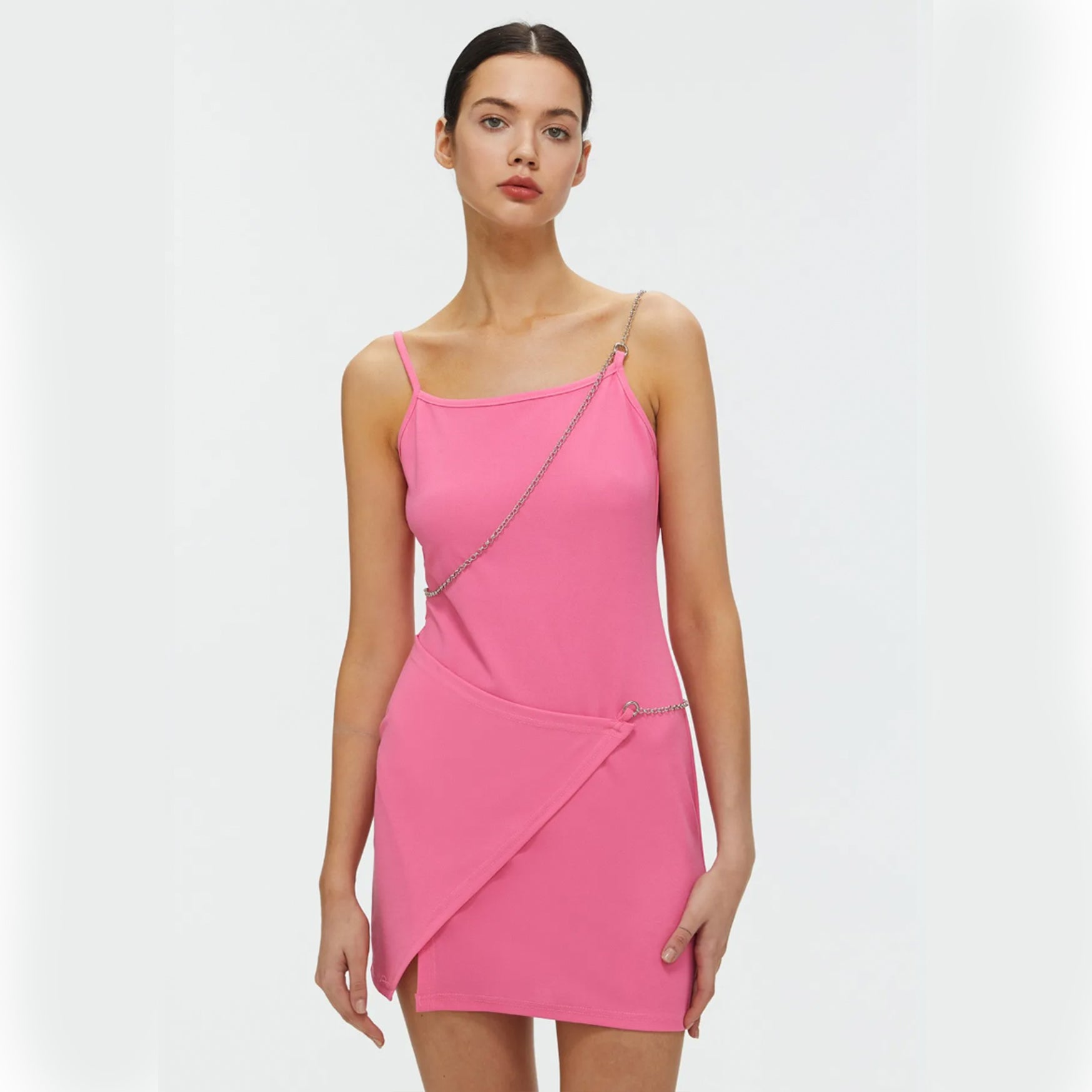 Asymmetric Short Dress With Chain Detail - Pink S