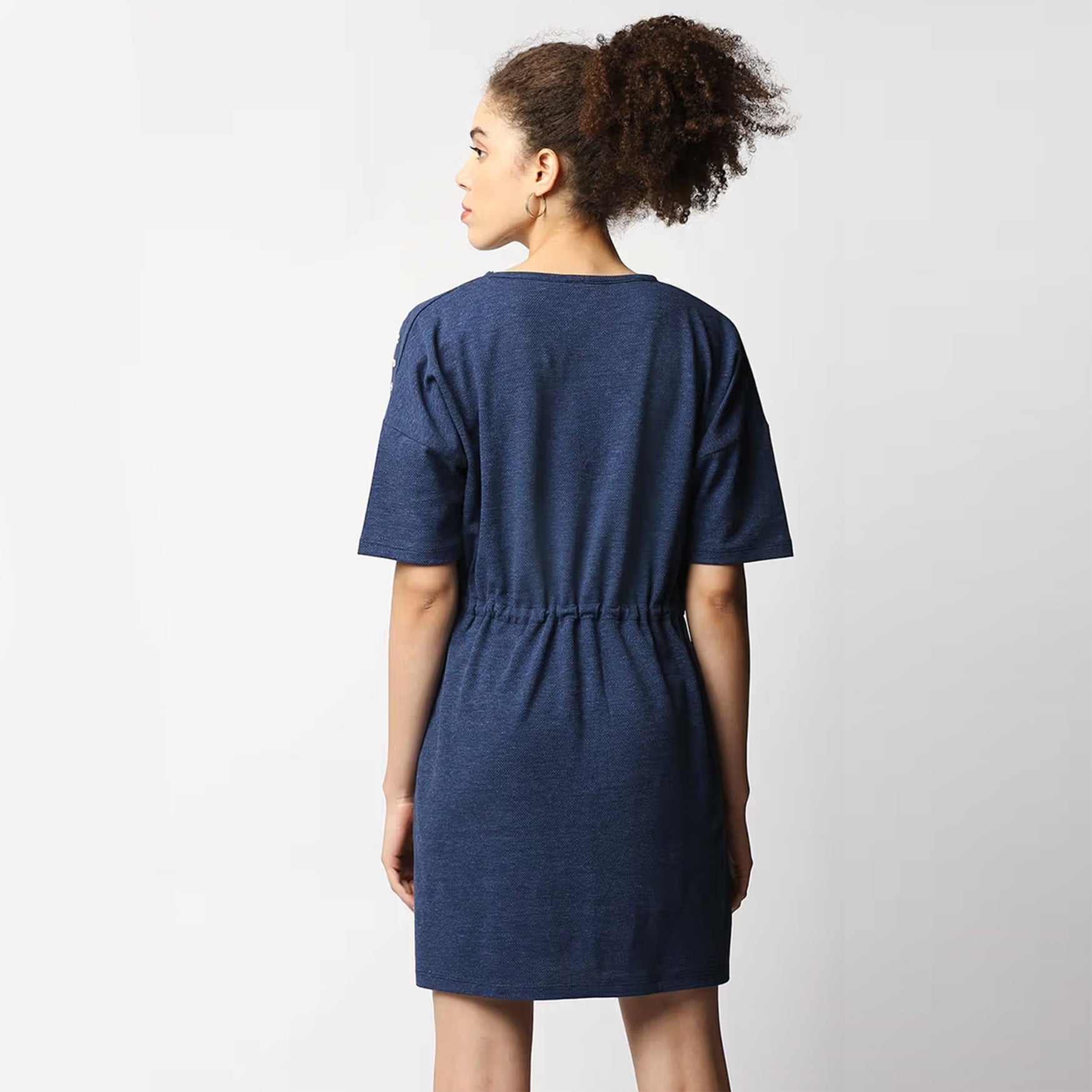 Blue Self Design Jacquard Boxy Fit Dress (S)