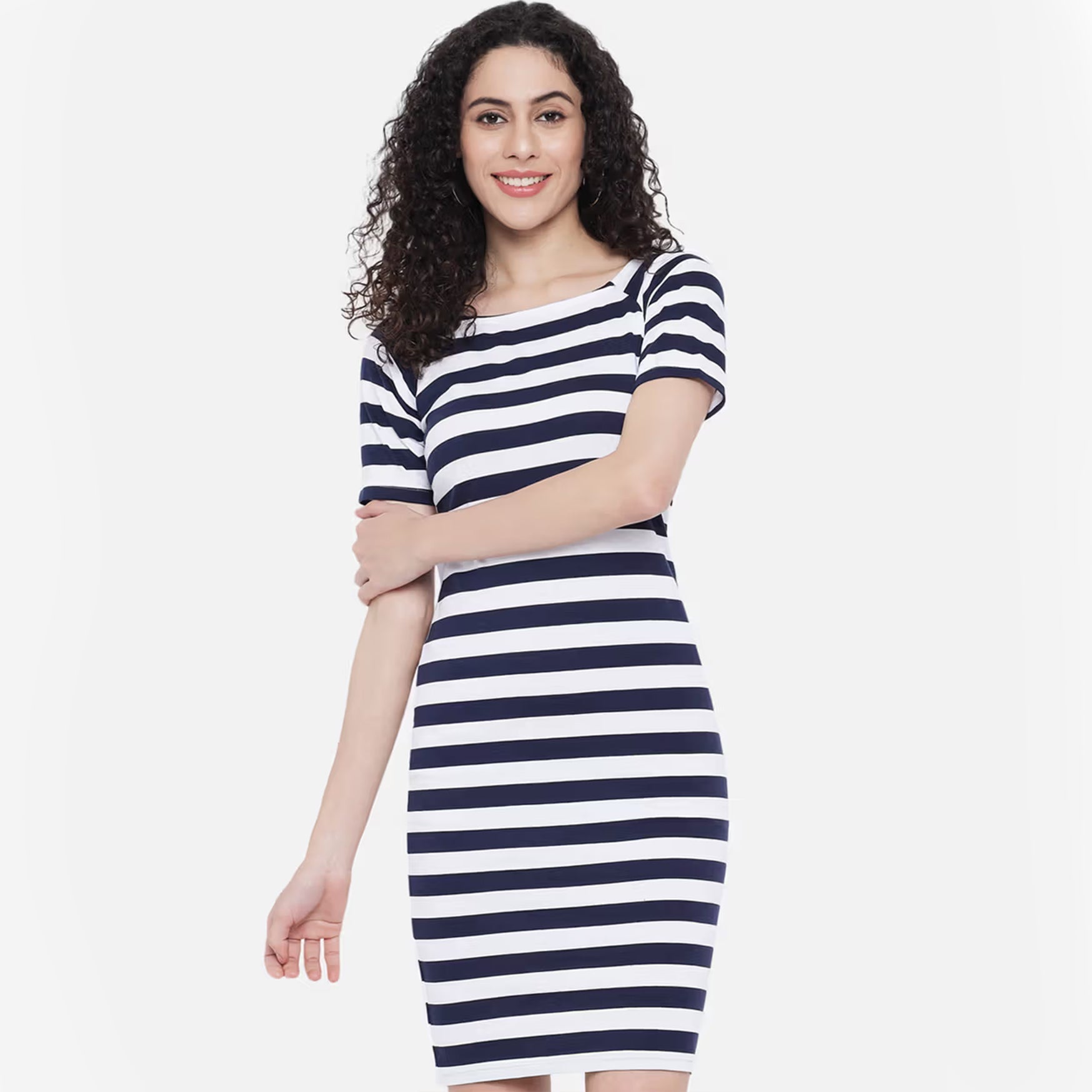 Boat Neck Striped Straight Dress (S)