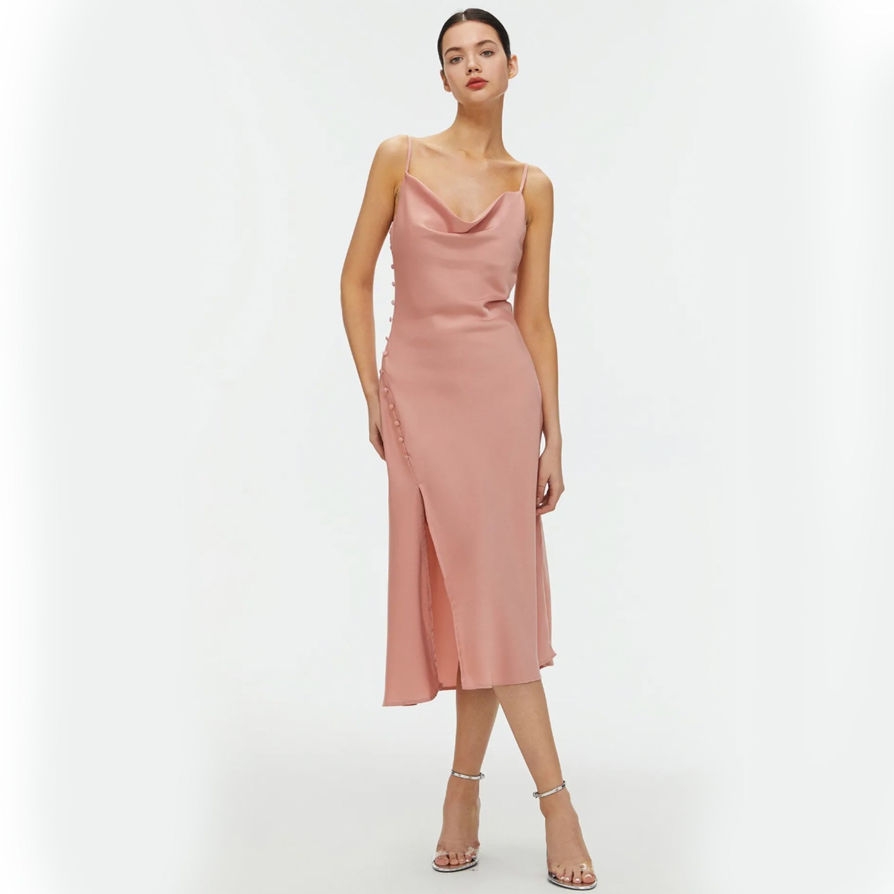 Buttoned Satin Slip Dress With Slit - Pink M
