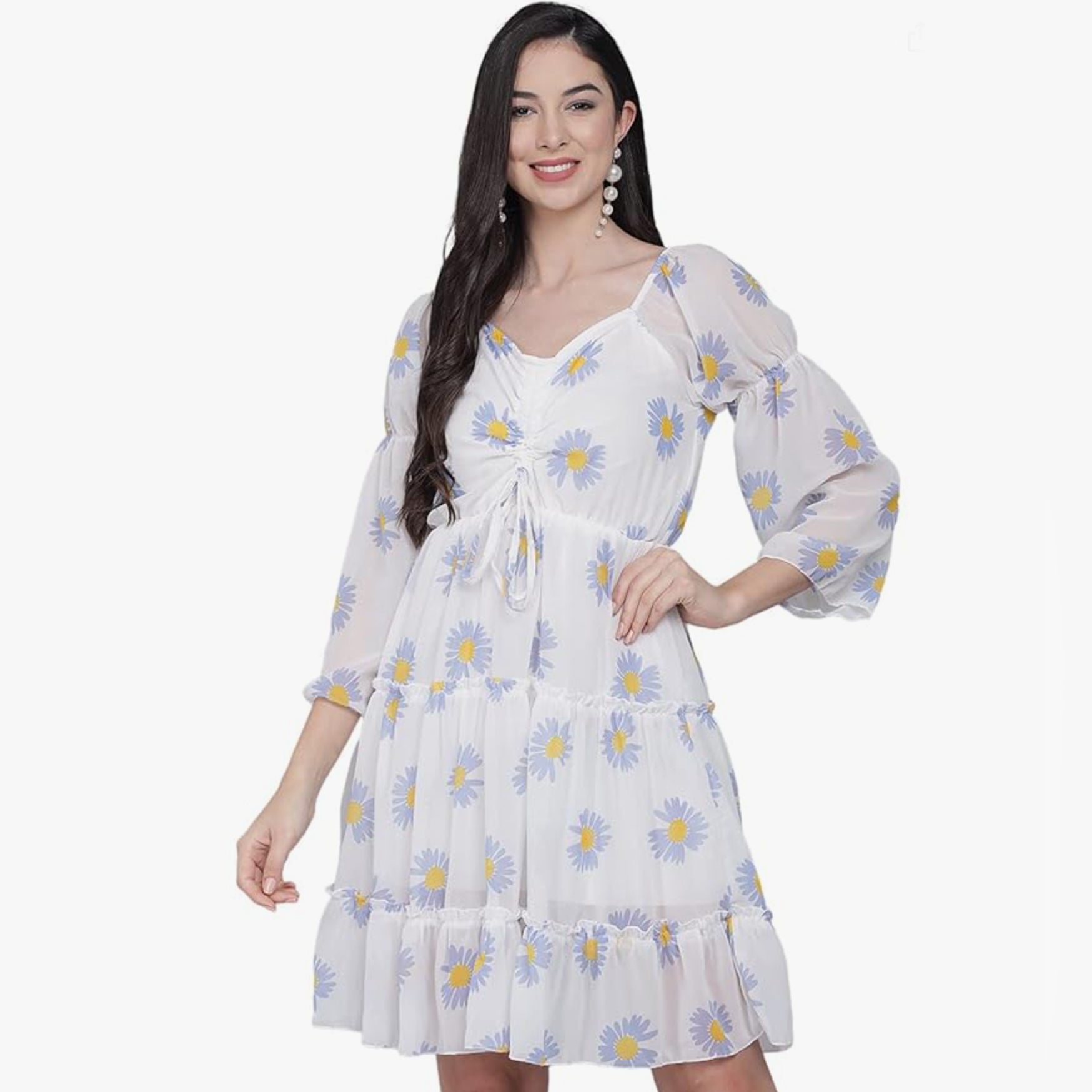 FUNDAY FASHION Women Fit and Flare Floral Printed Dress (Medium, White,Blue)