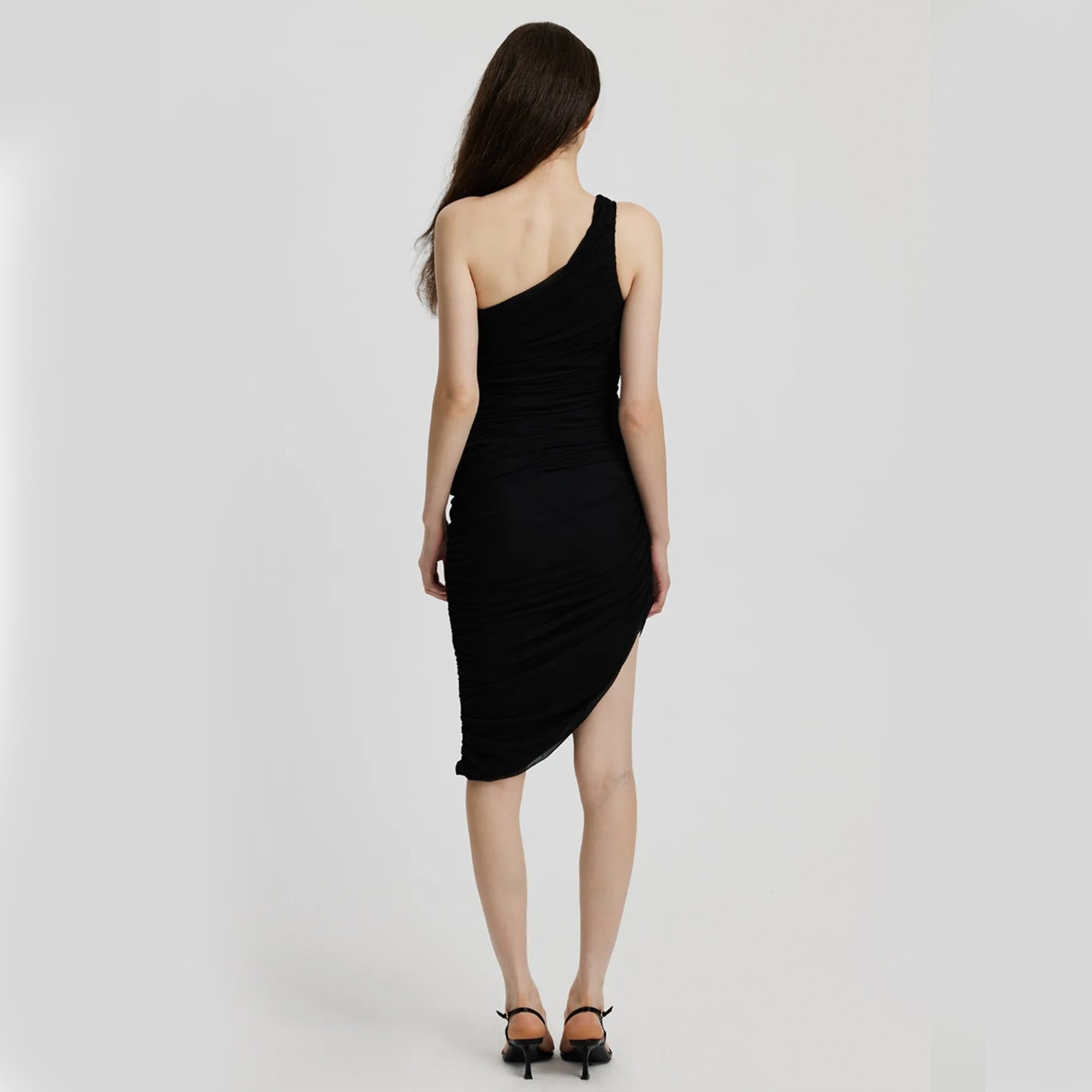 Gathered Asymmetric Bodycon Dress - Black S
