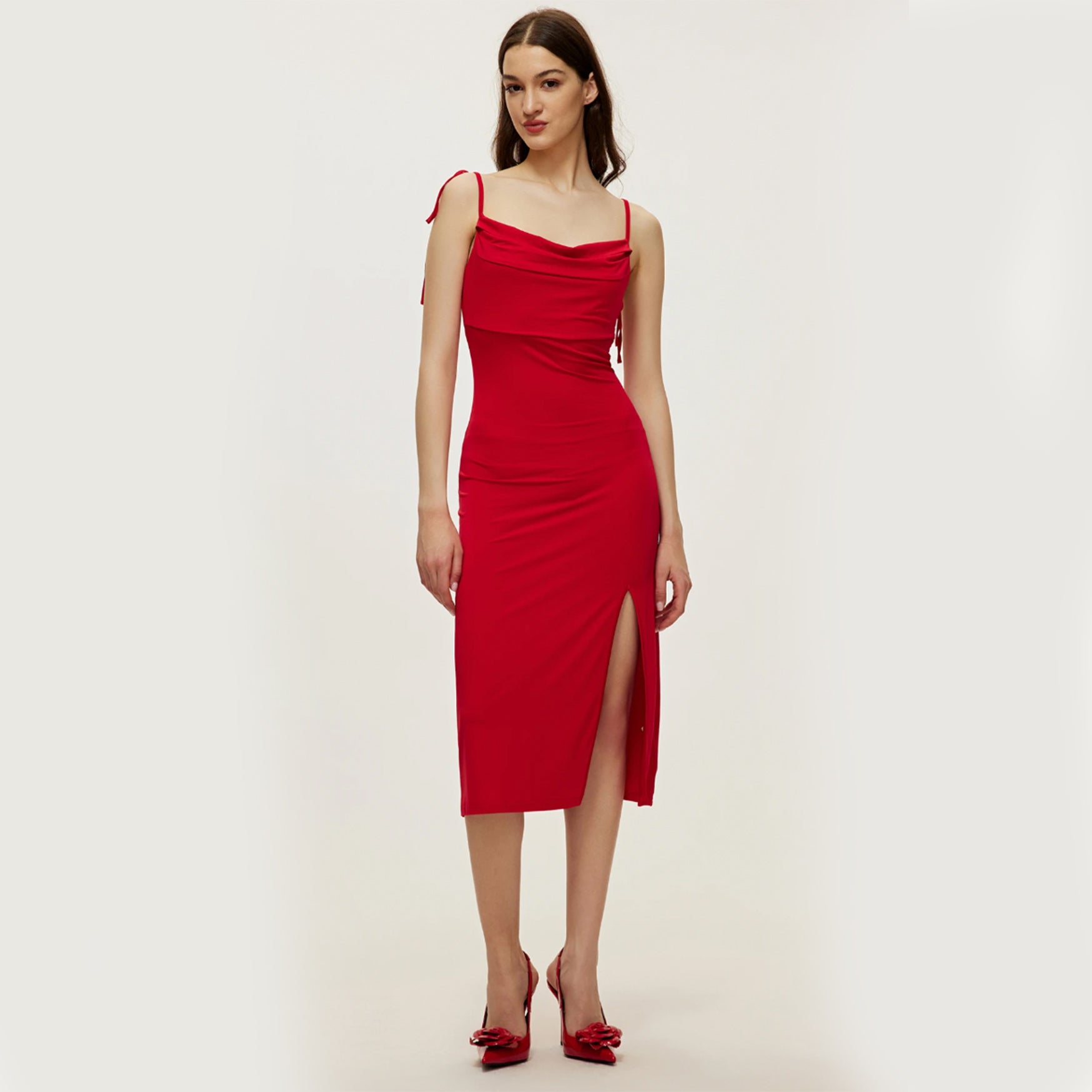 Gathered Tied Strap Midi Dress With Slit - Red L