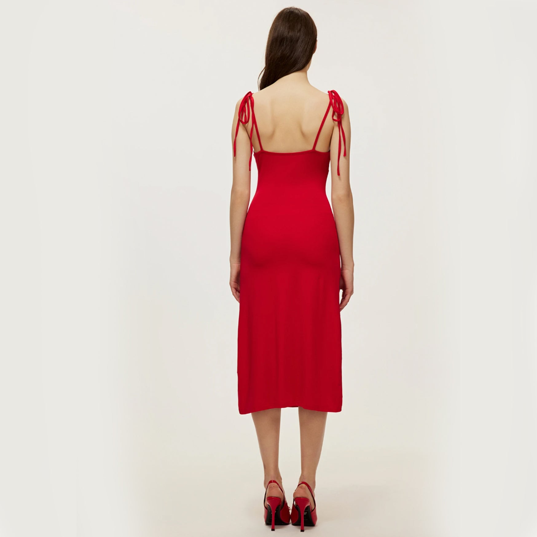 Gathered Tied Strap Midi Dress With Slit - Red L