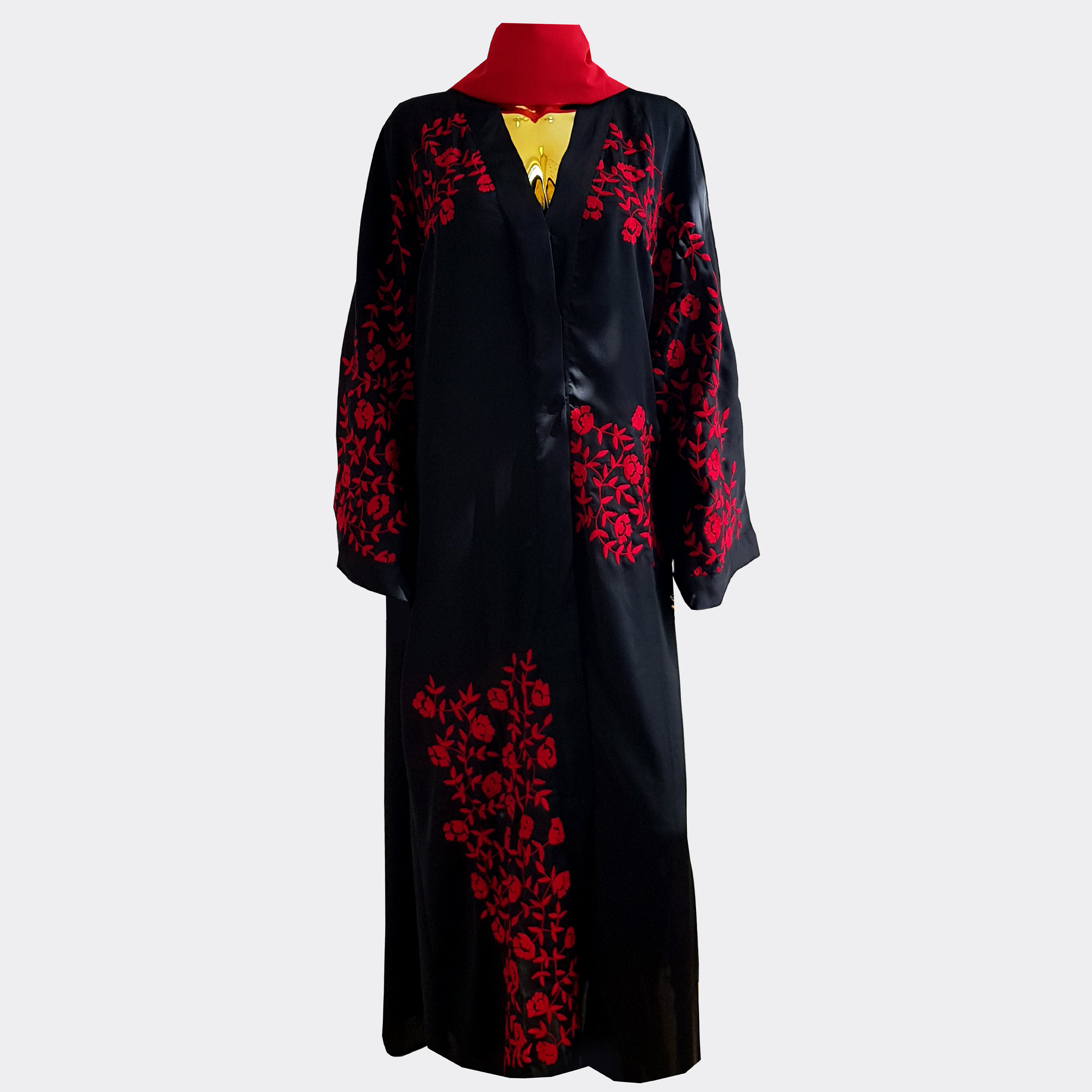 Sleek Black Abaya with Red Floral Accents