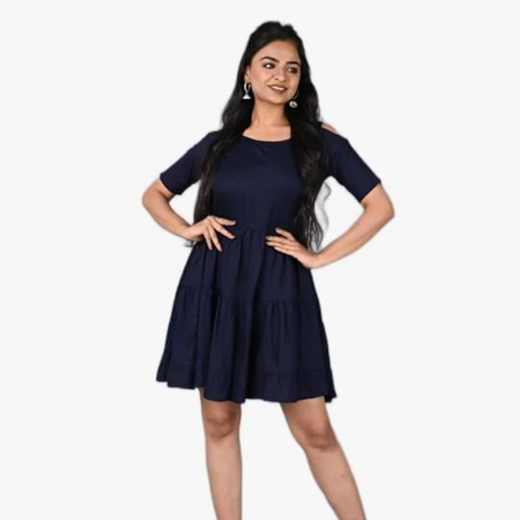 Kalakyari Rayon Regular Wear Solid Round Neck Half Sleeve Stylish Dress for Women and Girl (Small, Black)
