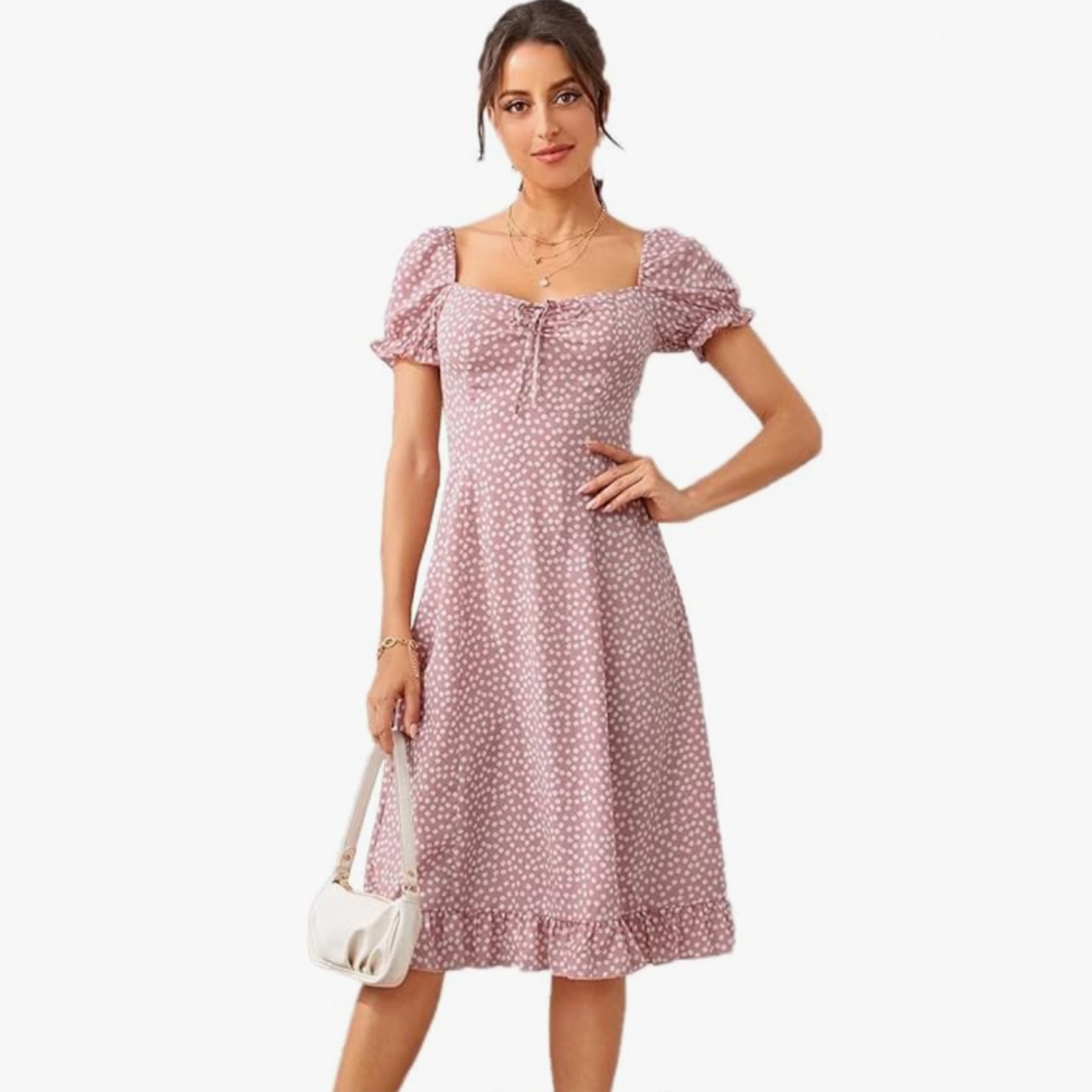 Lymio Women's Regular Light Pink Color Square Neck Half Sleeve Polyester Printed Dress (DD-521-Light Pink-S)