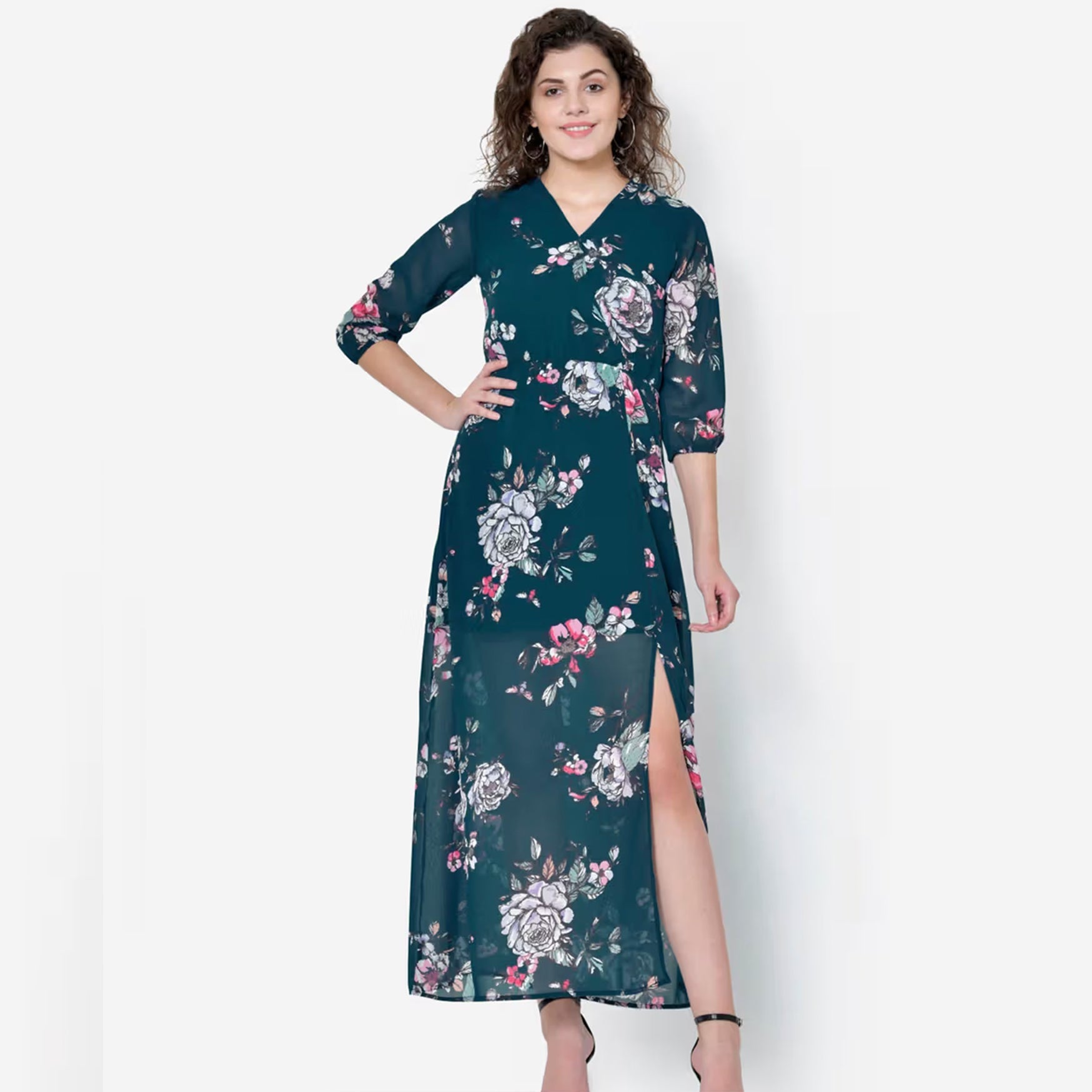 MARTINI Turquoise Floral Front Slit Maxi Dress (S)