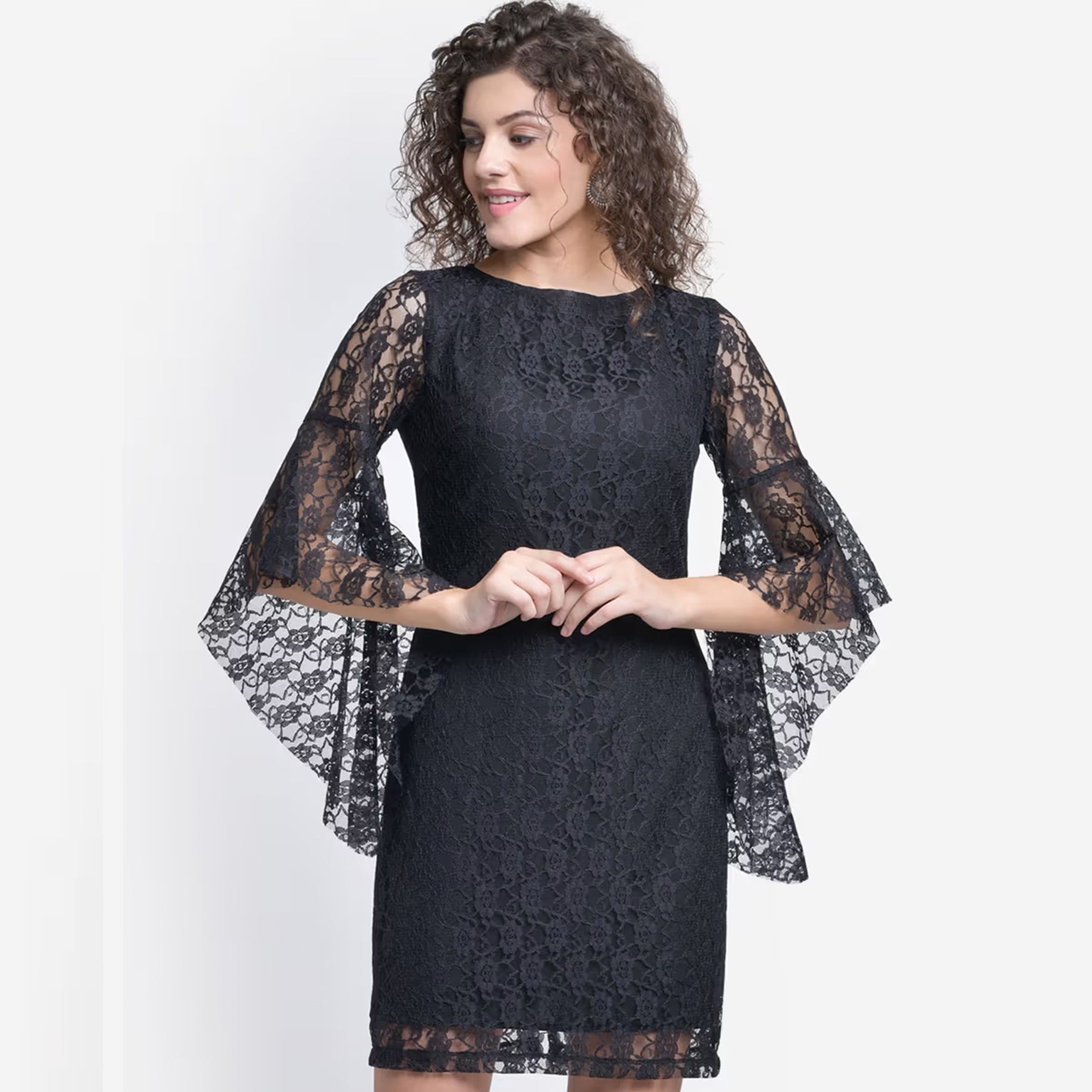 MARTINI Women Black Lace Bell Sleeve Bodycon Dress (M)