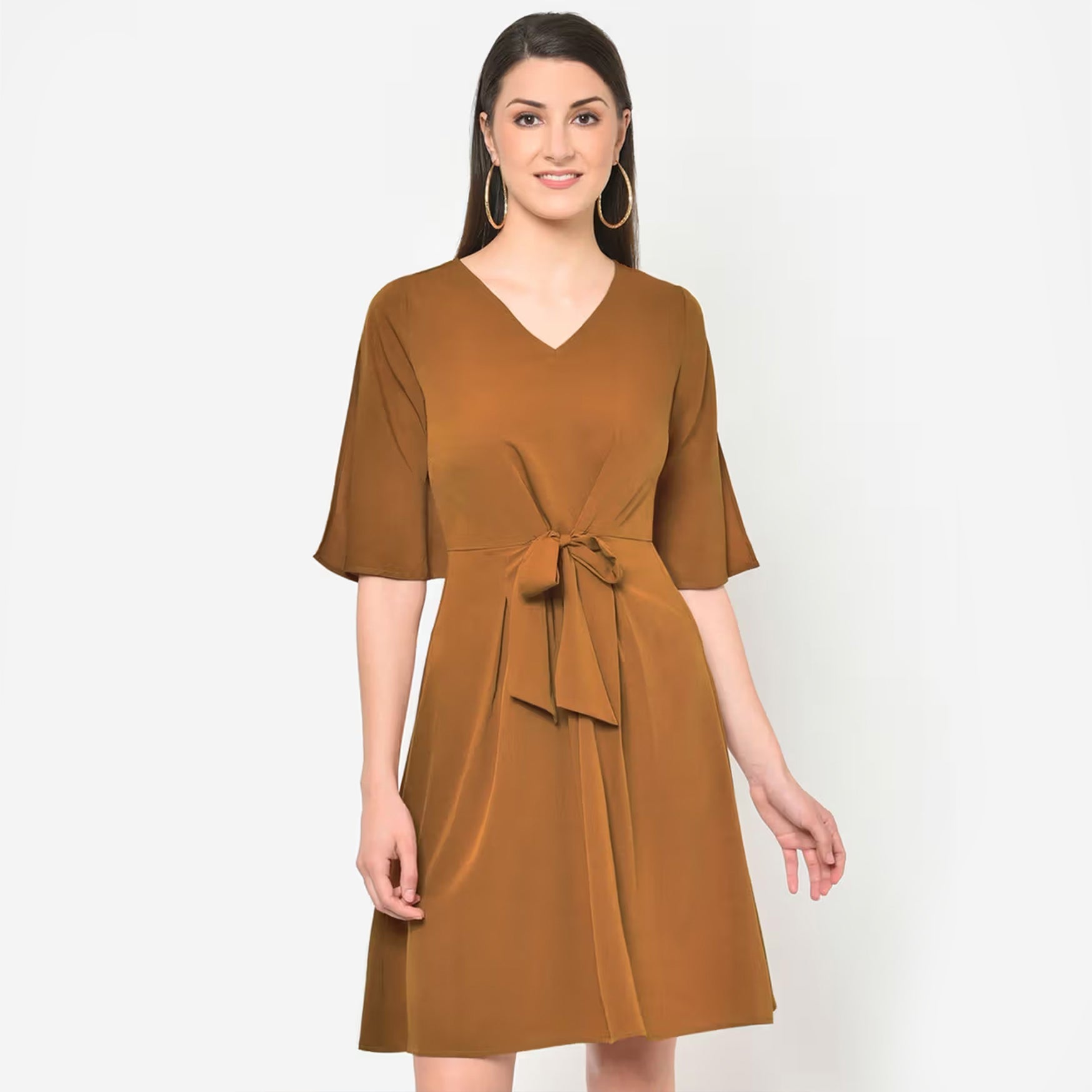 MARTINI Women Light Brown Front Tie Up Dress (M)