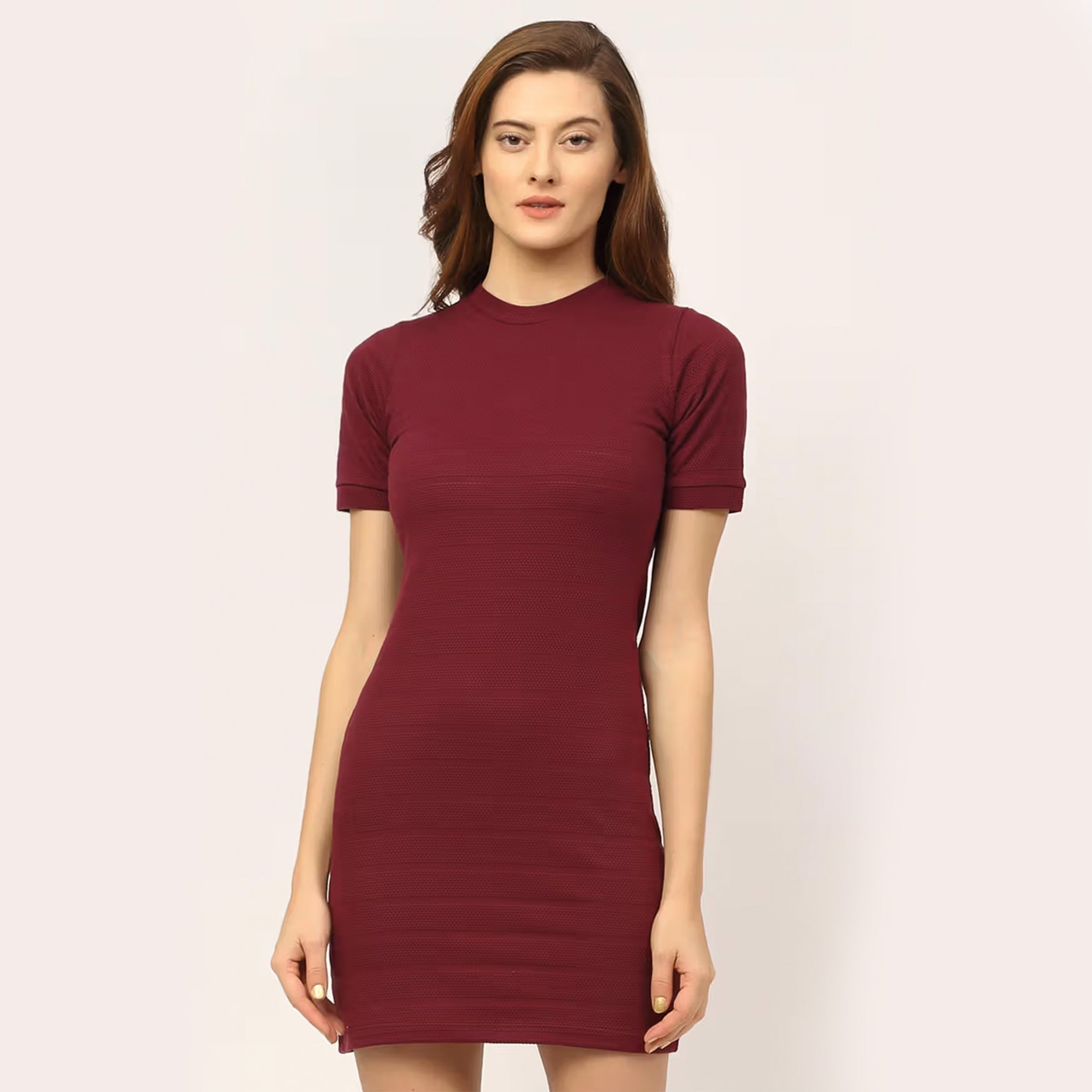 Maroon Self Textured Bodycon Mini Dress (S)