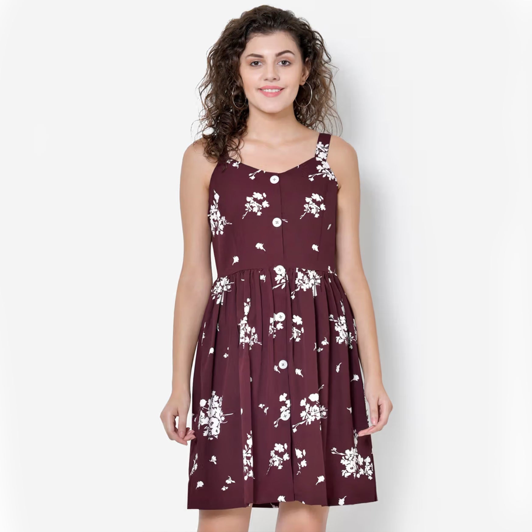 Maroon White Floral Buttoned Dress (S)